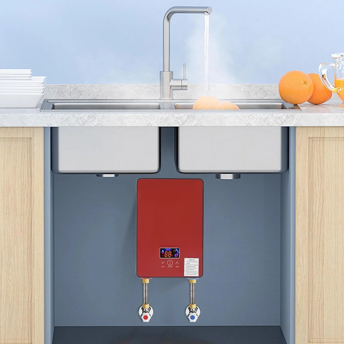 6500W red wall-mounted instant electric tankless water heater with LED display under sink, S And B Enterprise