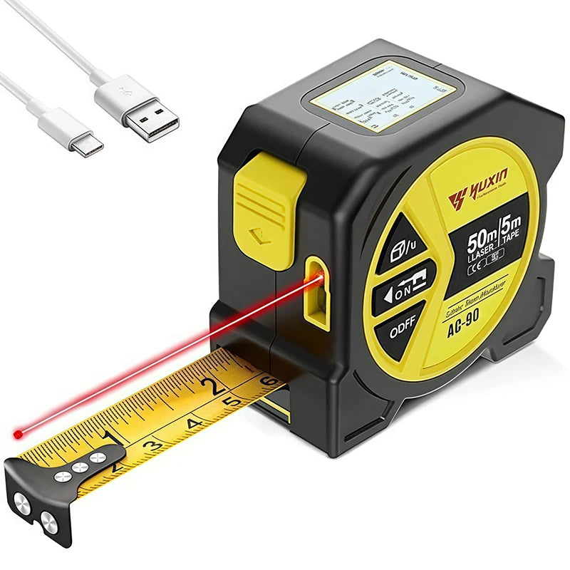 50m laser tape measure with digital display, black and yellow housing, USB-C charging cable included