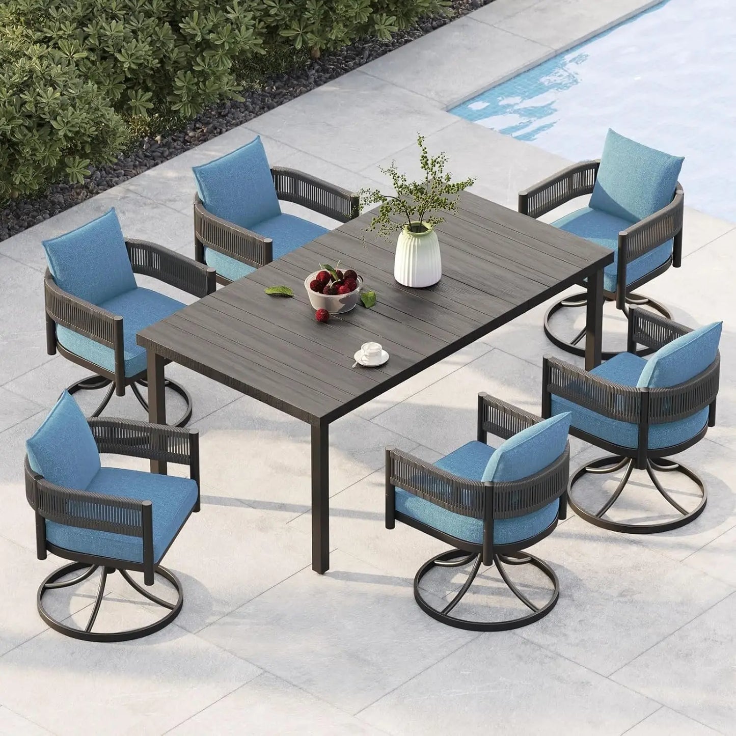 Outdoor Dining Set With Woven Metal Chairs And Cushions by S And B Enterprise