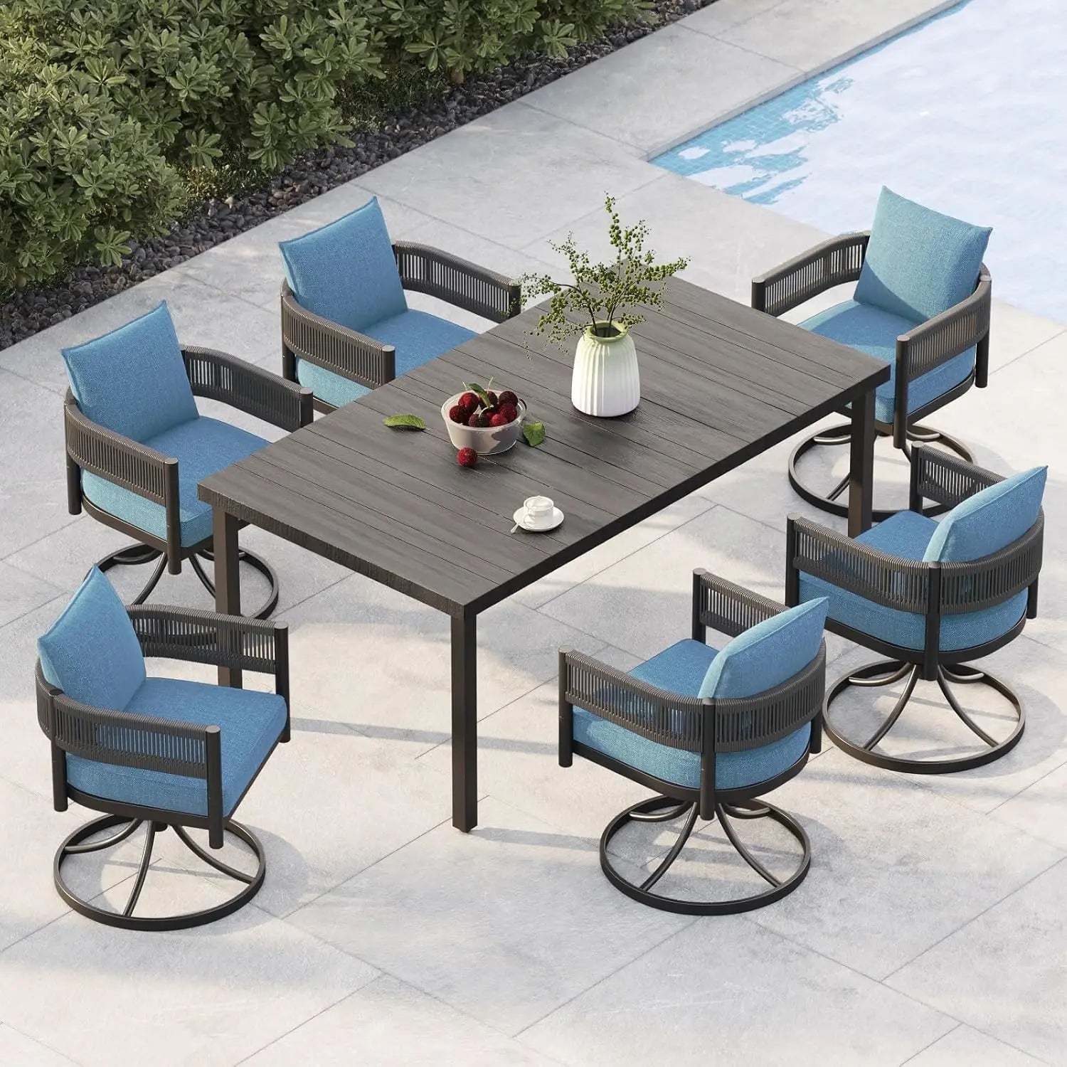 Outdoor Dining Set With Woven Metal Chairs And Cushions by S And B Enterprise