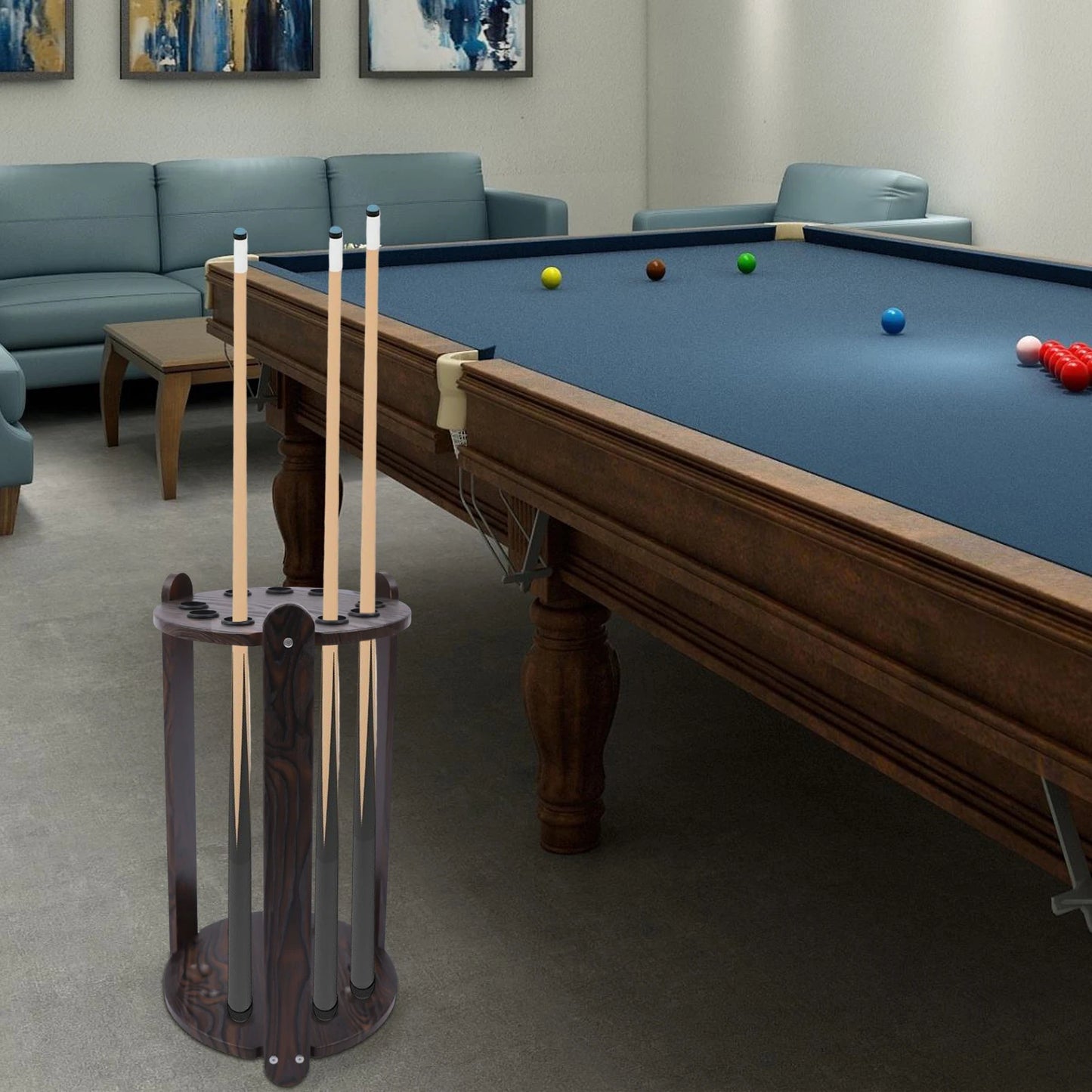 Wood billiard cue rack 9-hole corner floor stand; holds four cues in a game room.