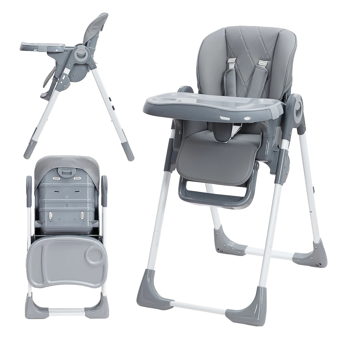 Baby High Chair by S And B Enterprise, gray folding high chair with adjustable height, reclining seat and tray