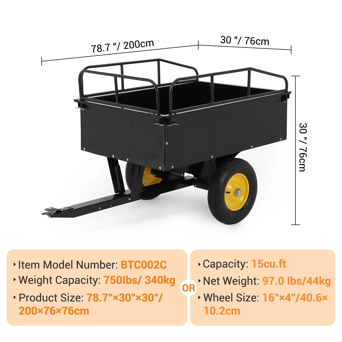S And B Enterprise 750 lb steel dump cart with removable sides, 17 cu ft, black bed, yellow wheels