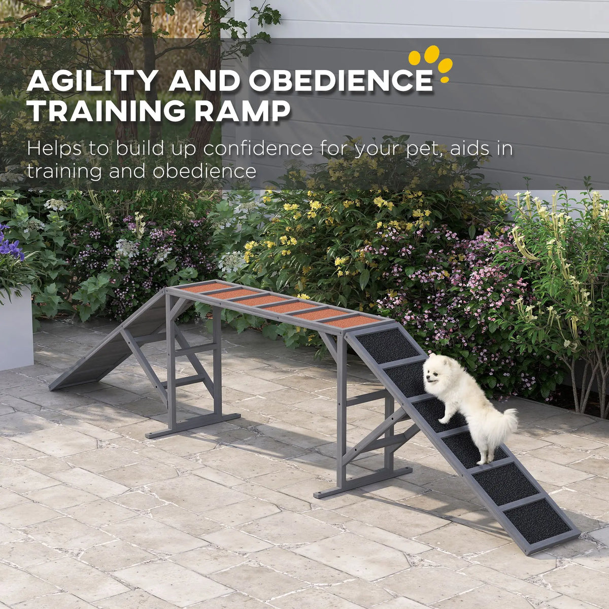 Dog agility ramps with safety bars, gray non-slip surface; two ramps by S And B Enterprise