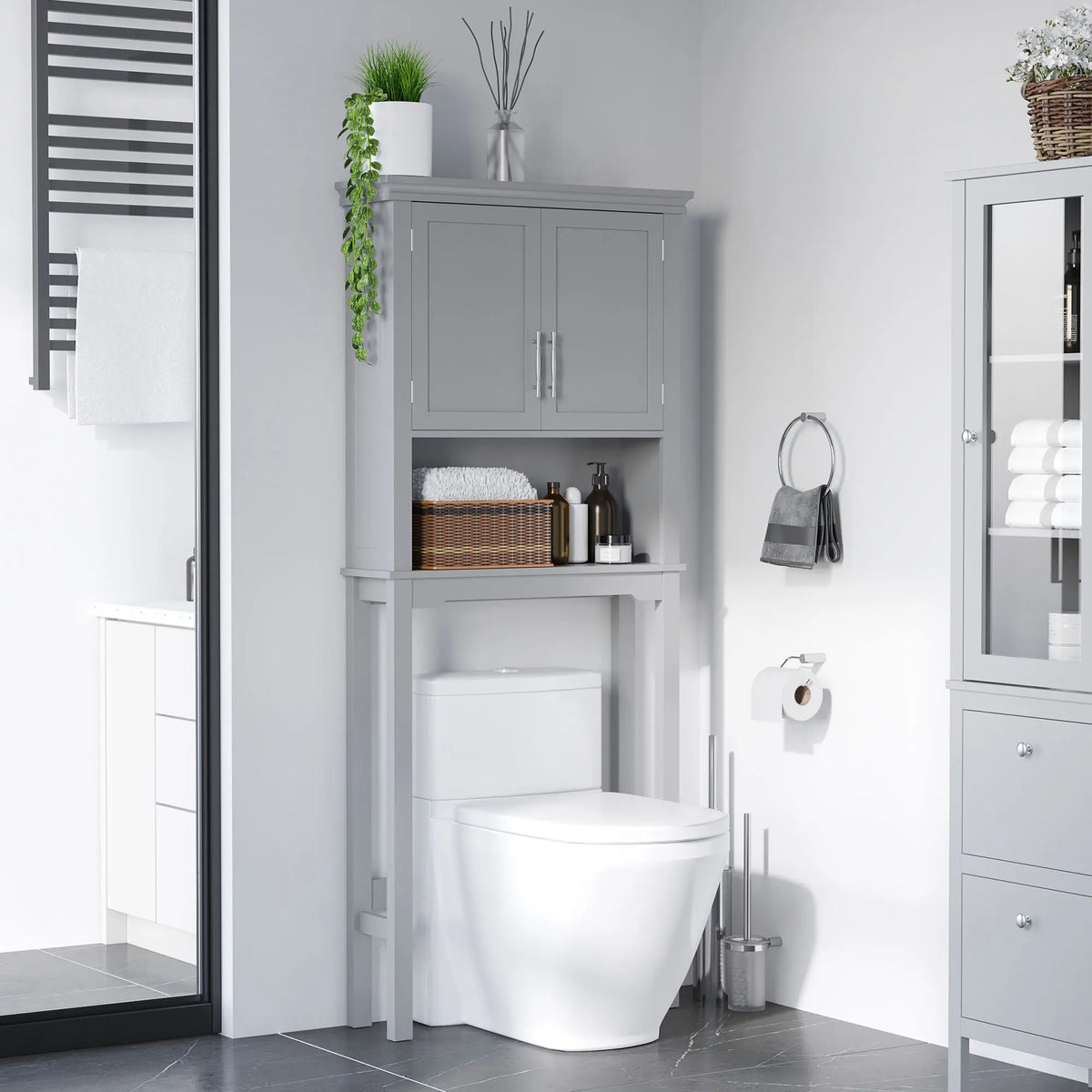 Kleankin grey over-the-toilet cabinet with double doors, inner adjustable shelf and open lower shelf