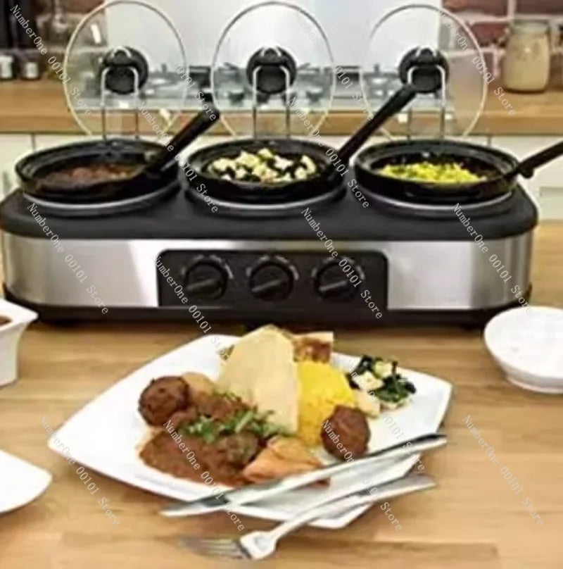 Silver triple slow cooker by S And B Enterprise; 3×1.5 qt electric buffet cooker with glass lids