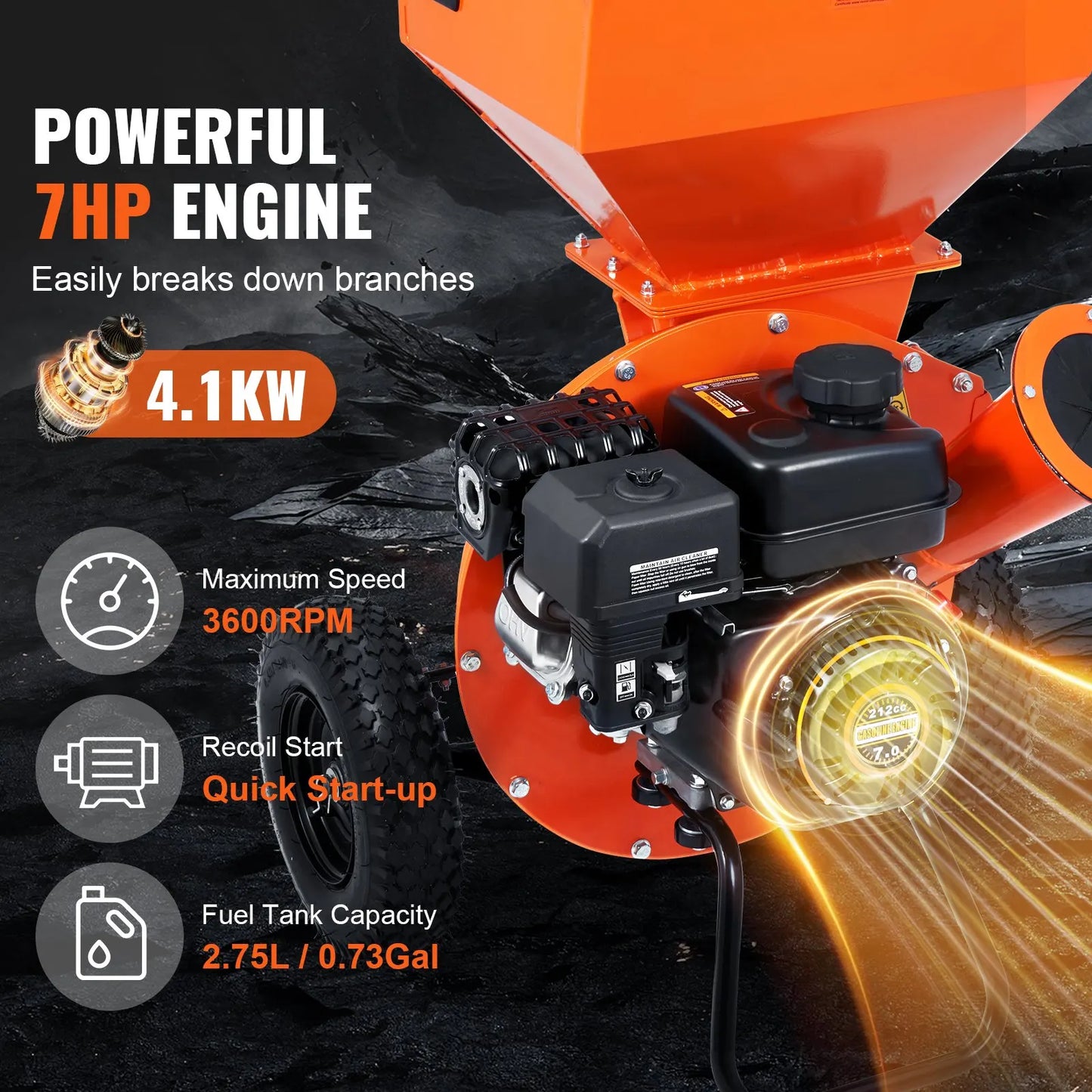 Wood Chipper Shredder Mulcher 7HP Gas Powered 212cc