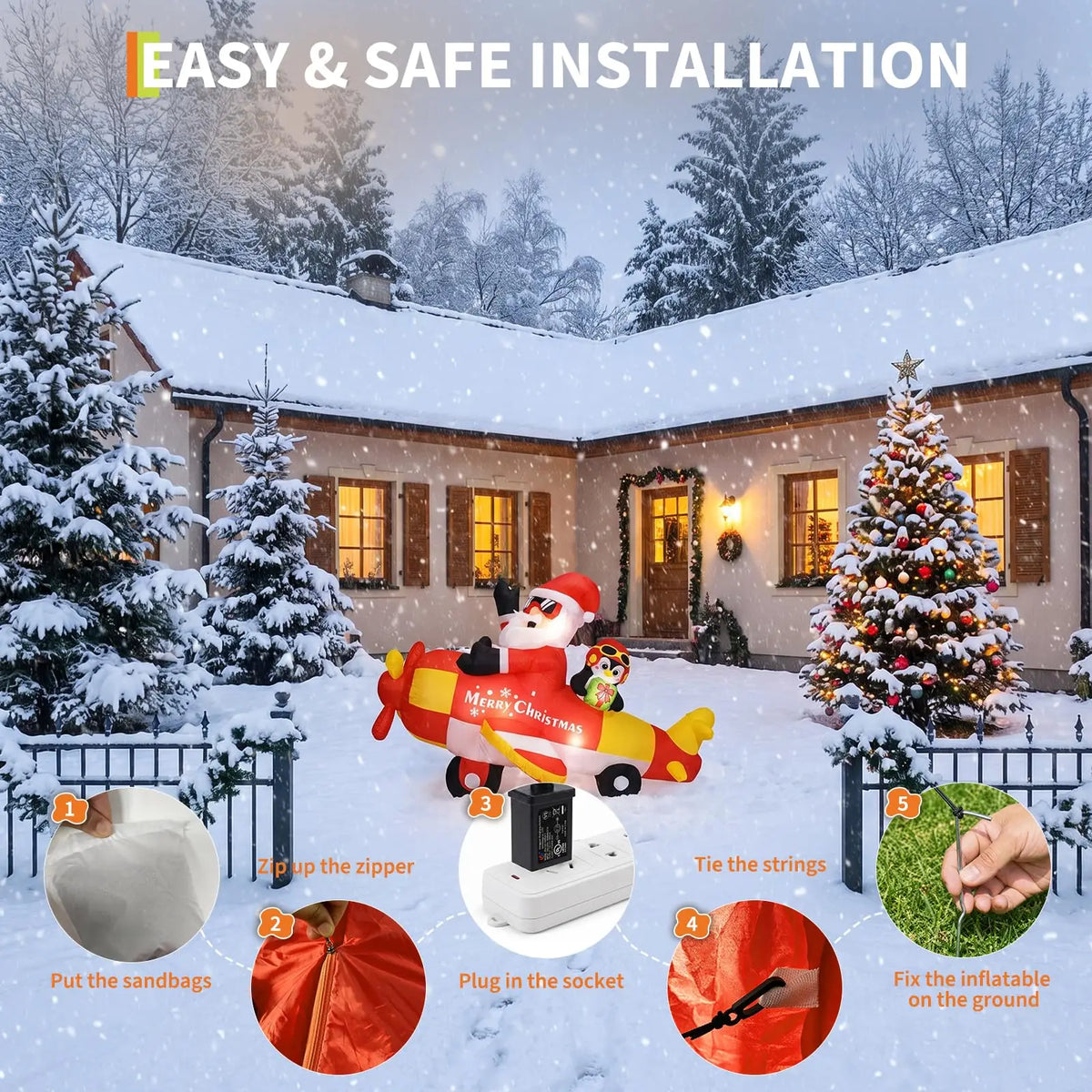 Inflatable Christmas Santa driving penguin airplane, 8ft tall outdoor lawn decor