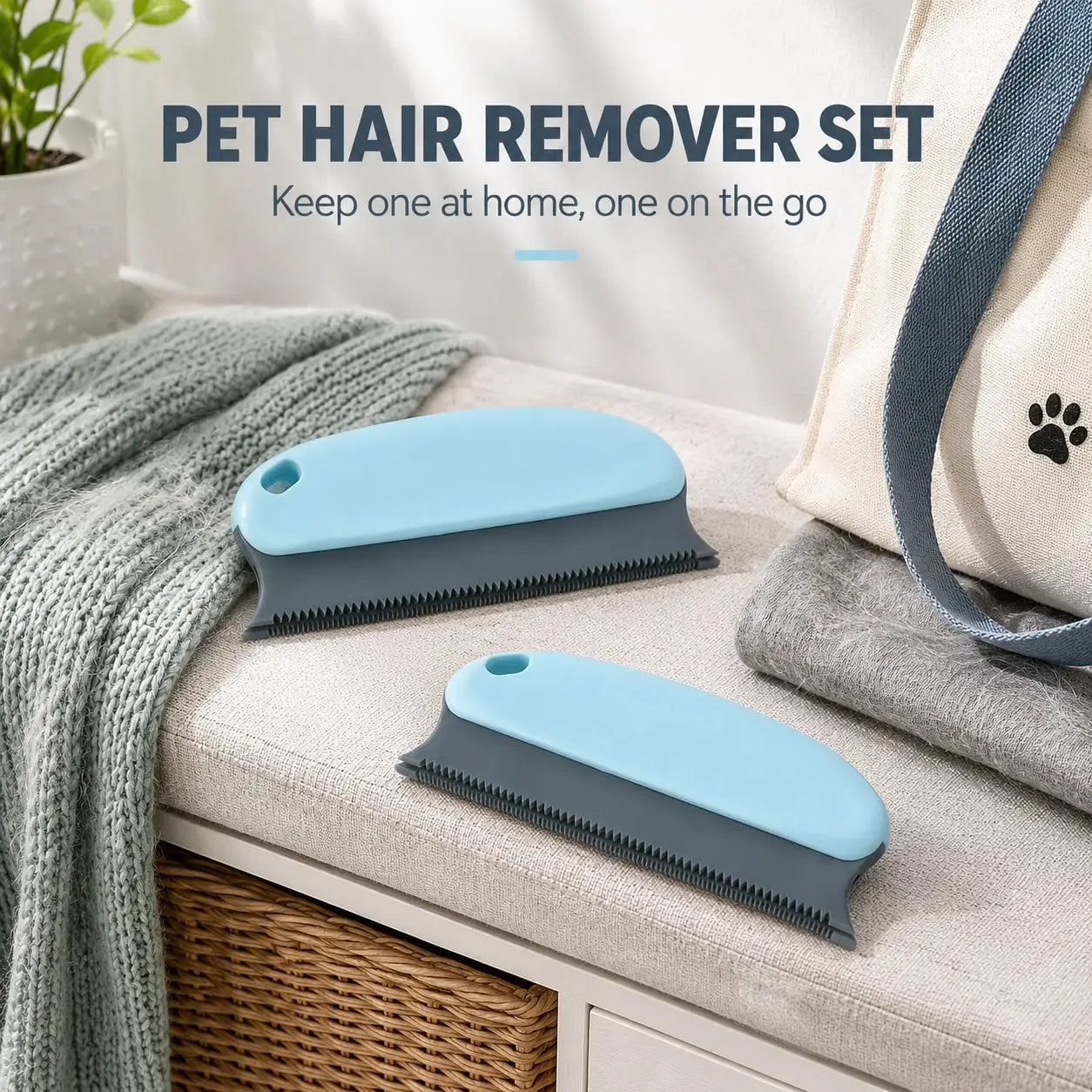 2-pack Pet Hair Remover Brushes with Handle in blue/gray for cars, furniture, upholstery