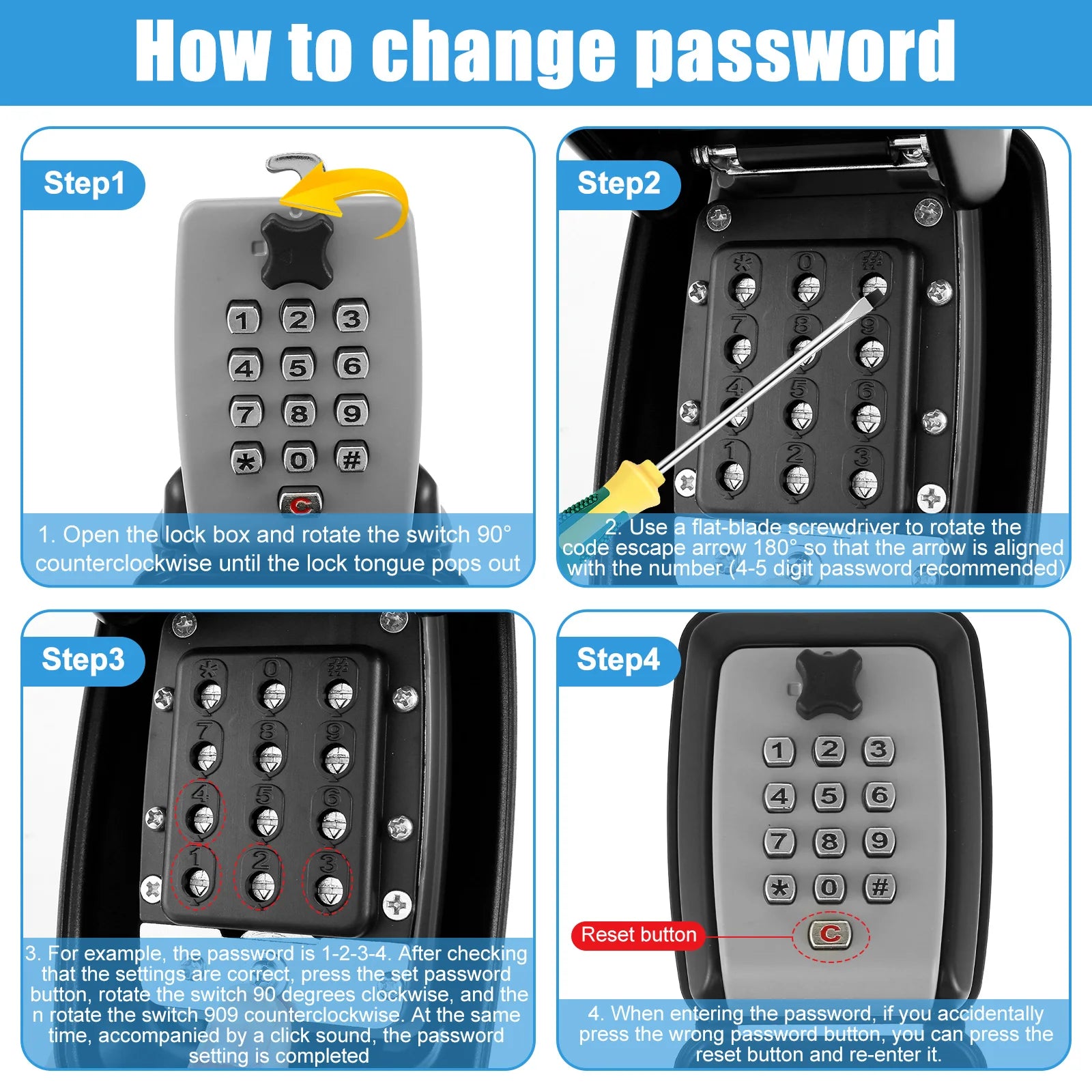 Key lock box wall-mount key safe with numeric keypad; gray weatherproof metal housing