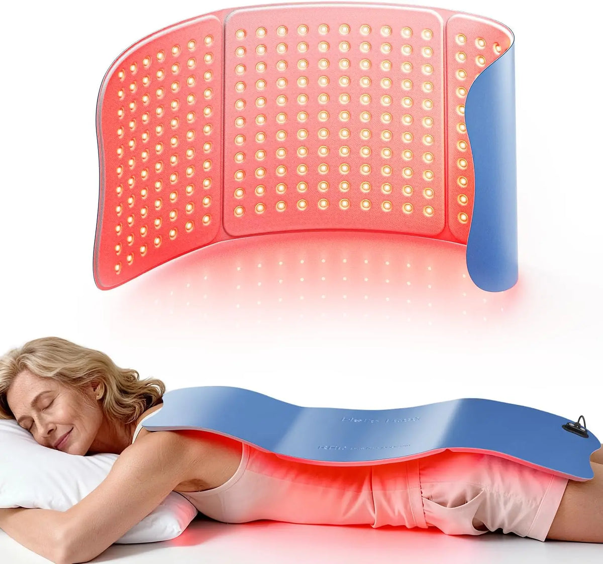 Large red light therapy mat for full body by S And B Enterprise with blue side panels and 264 LEDs (660nm/850nm), 30x12 in
