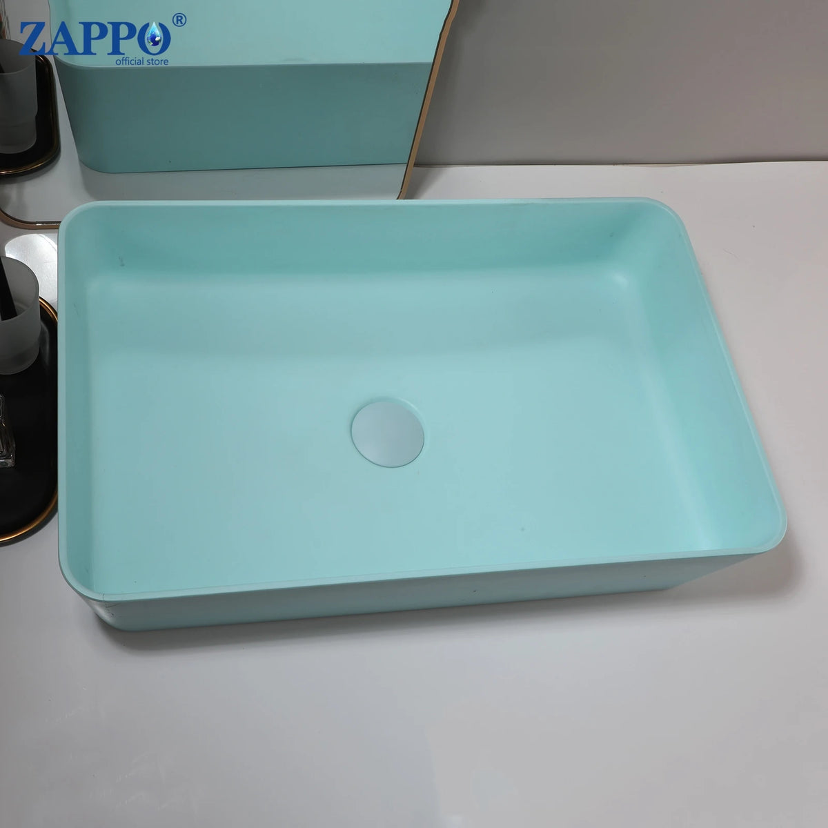 ZAPPO turquoise stone-resin bathroom vessel sink with center drain; above-counter bowl for bar or hotel (no faucet).
