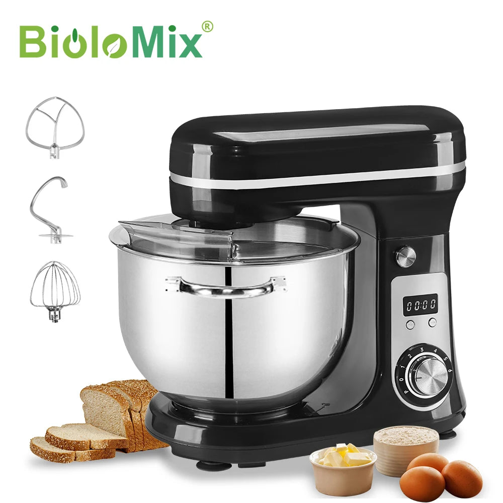 BioloMix stand mixer with stainless bowl, 6-speed, 1200W, 6L capacity; includes whisk, dough hook, beater.