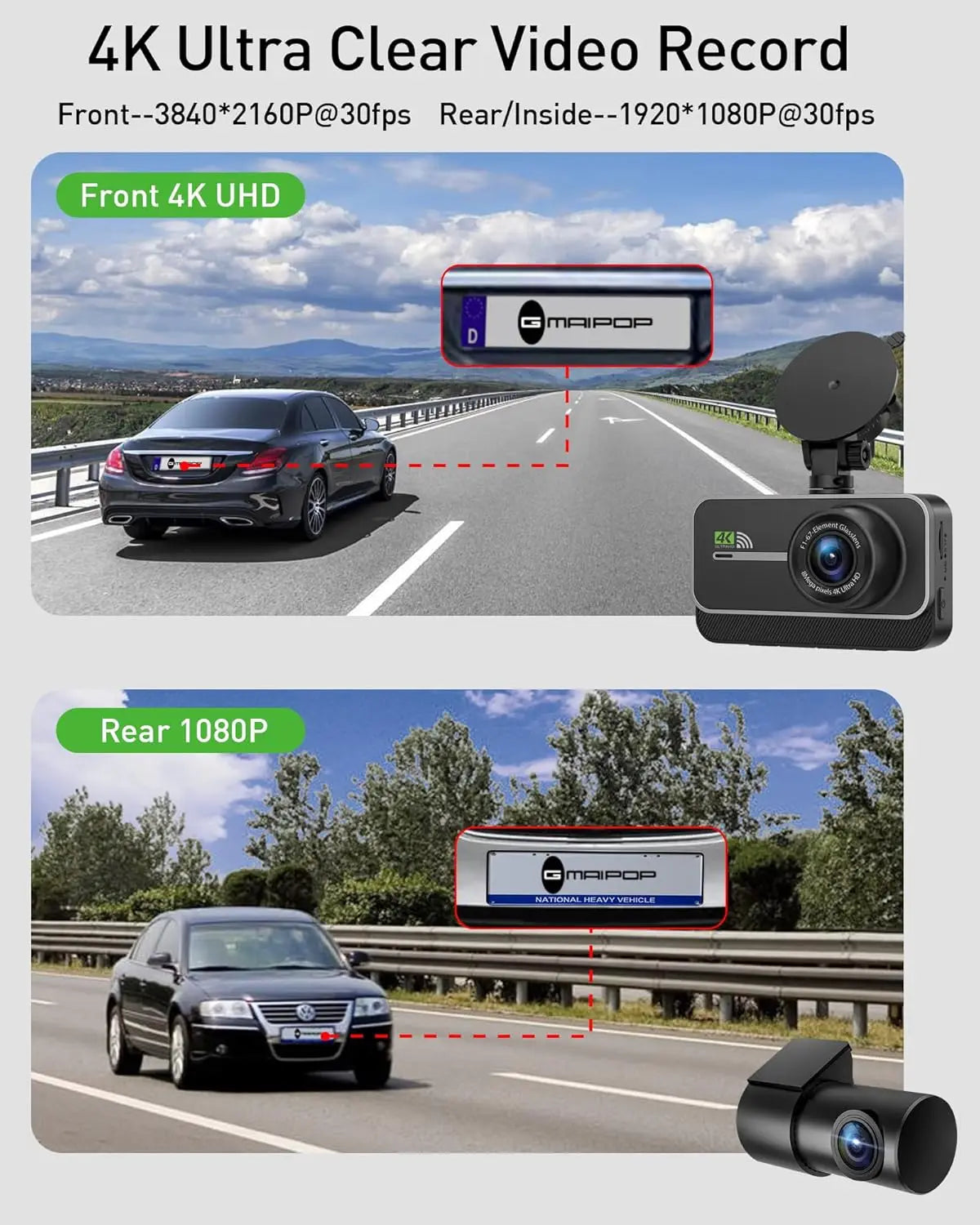 4K And 1080P Dual Dash Camera With WiFi Night Vision
