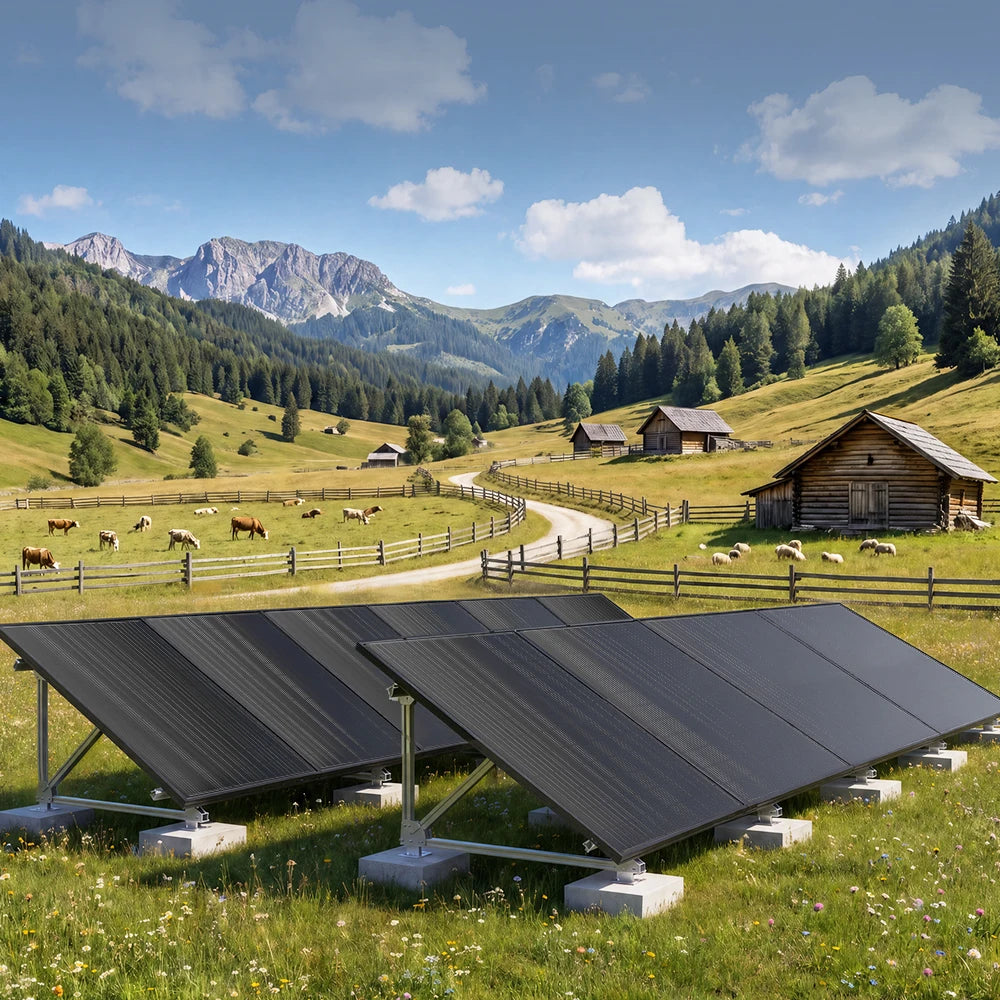 RVPOZWER rigid solar panels on mounting frames in a rural pasture with barns