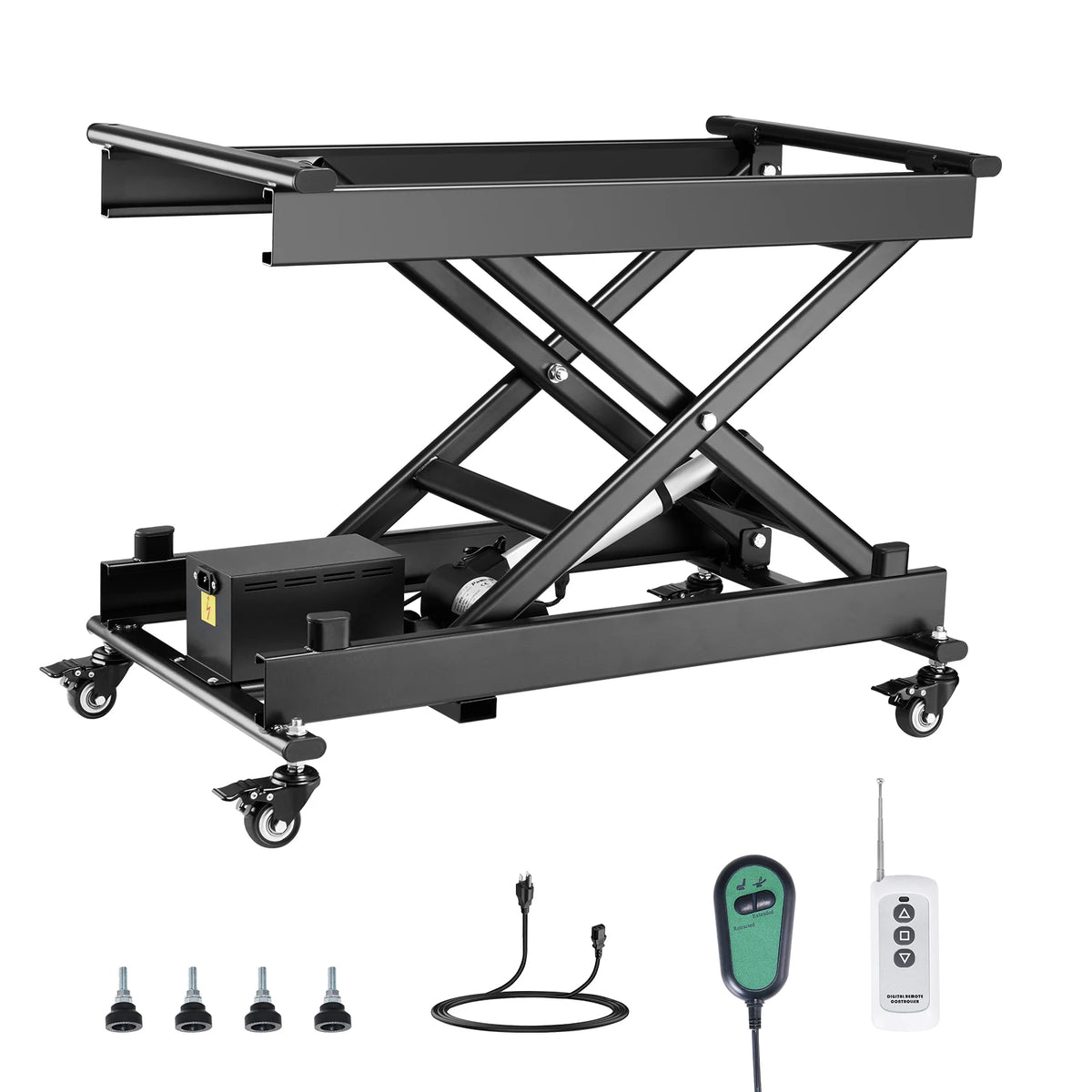 SucceBuy electric lift table with 330 lb capacity, black scissor lift platform, wheels, and remote control.