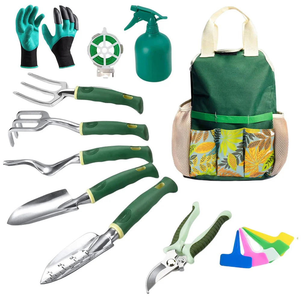 16 Piece Garden Tool Set by S And B Enterprise with green aluminum tools and floral tote bag