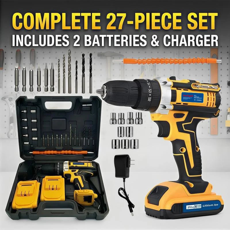 S And B Enterprise 27-piece 21V cordless drill and impact driver kit with 2 batteries, charger, and case