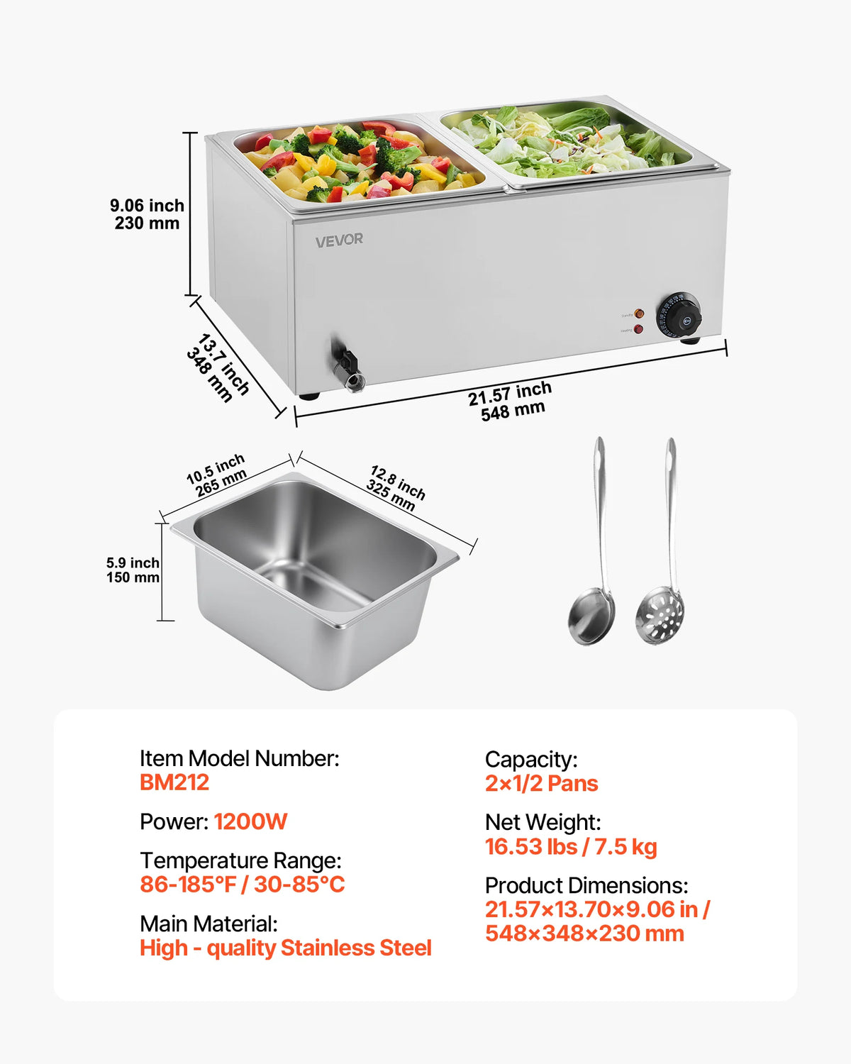 Commercial food warmer with 2 pans and glass lids, stainless steel body, VEVOR, 1200W