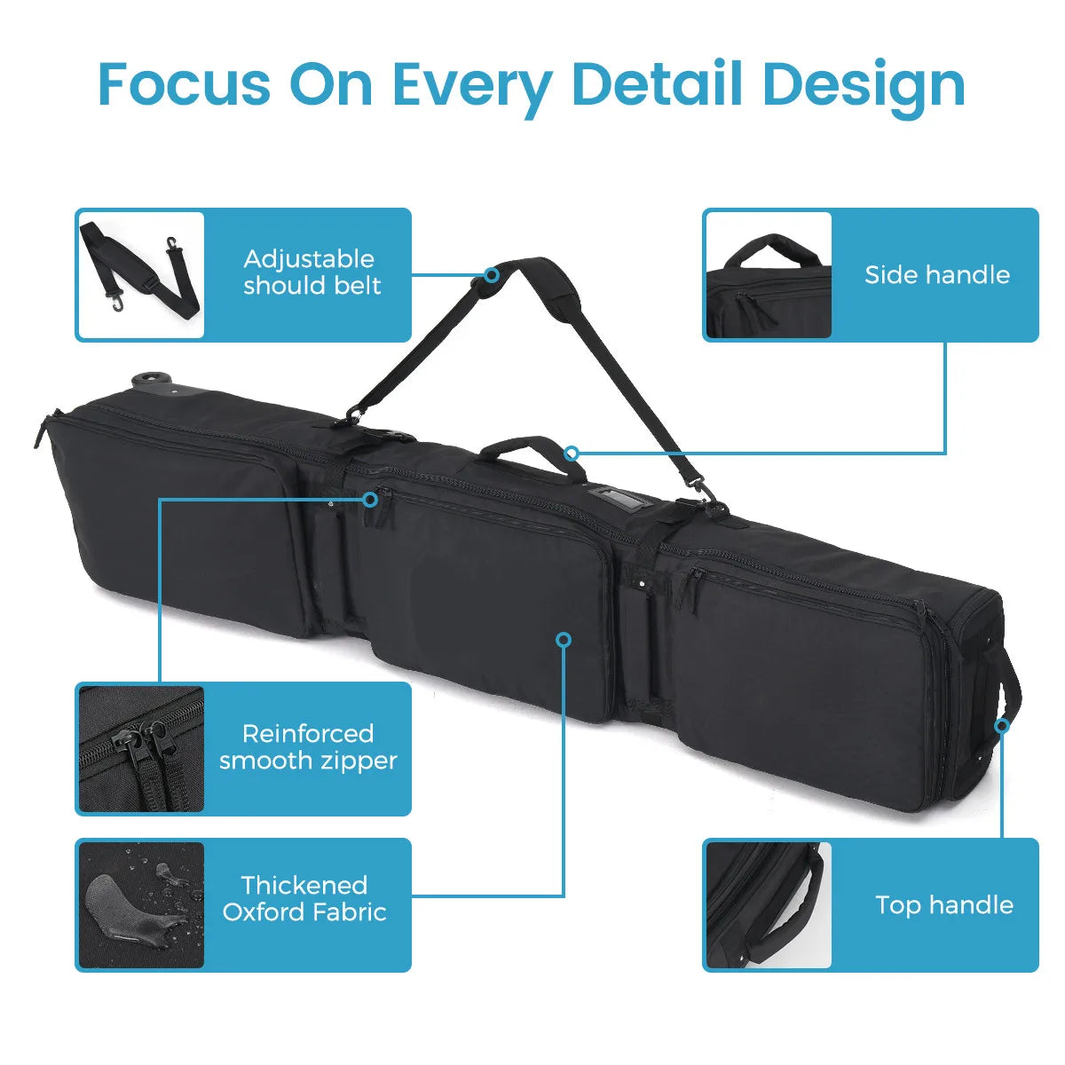 600D fully padded black snowboard bag by S And B Enterprise with side/top handles and adjustable shoulder strap.