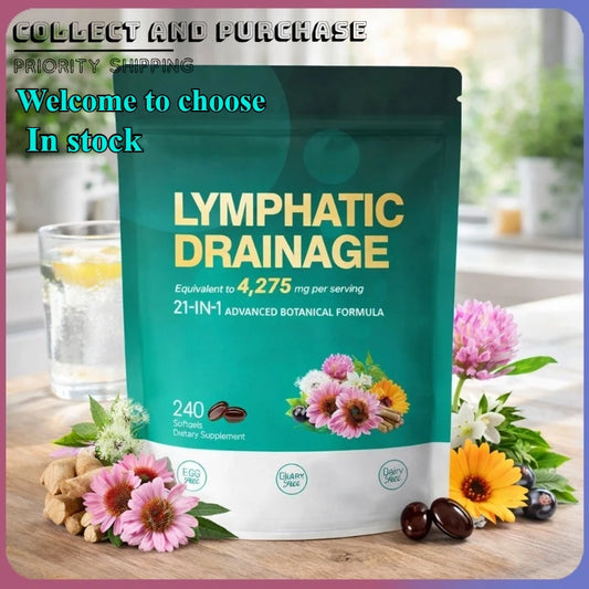 Lymphatic Drainage 21-in-1 herbal capsules pouch, teal bag with flower artwork, 240 softgels
