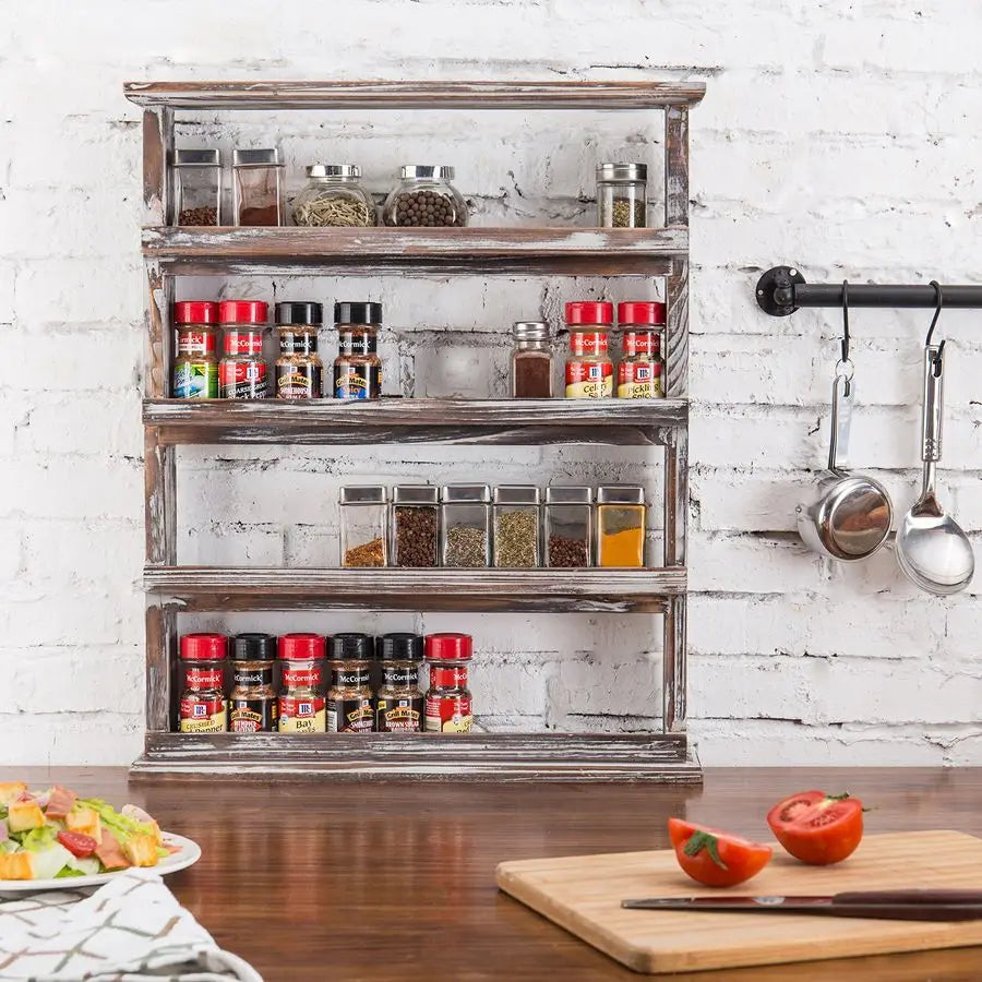 Wooden Spice Rack Wall Mount Four Tier Shelf Organizer