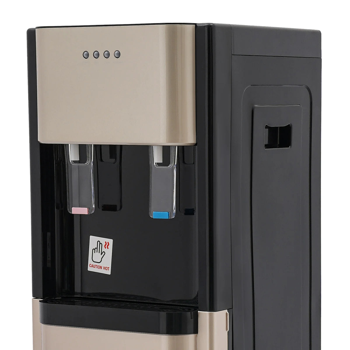 Bottom-load water dispenser with black body and beige metal front, dual taps, detachable drip tray