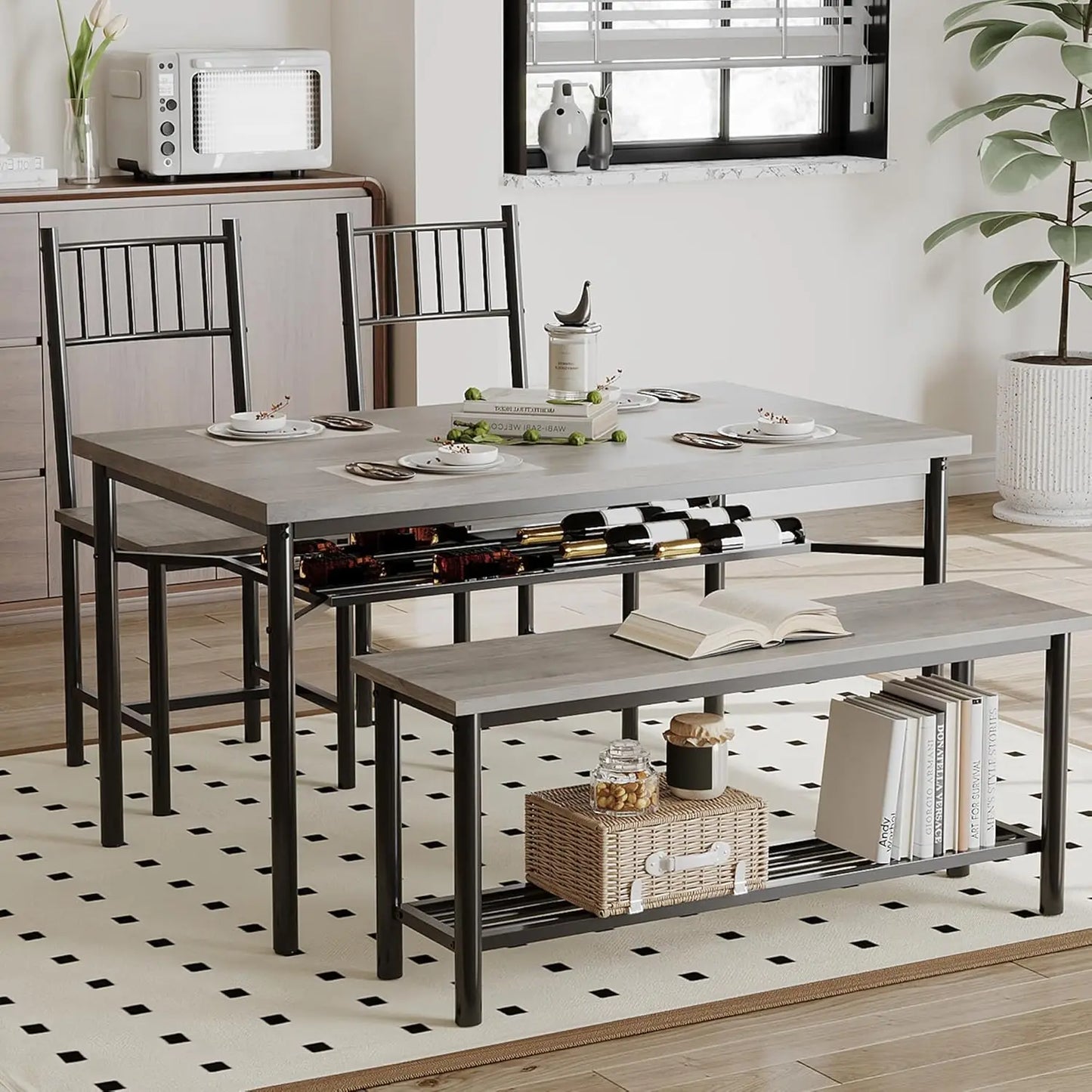 Dining Table Set For 4 With Bench And 2 Chairs 2-Tier Storage Shelf Space-Saving Kitchen Table For Breakfast Nooks Small Apartments by S And B Enterprise