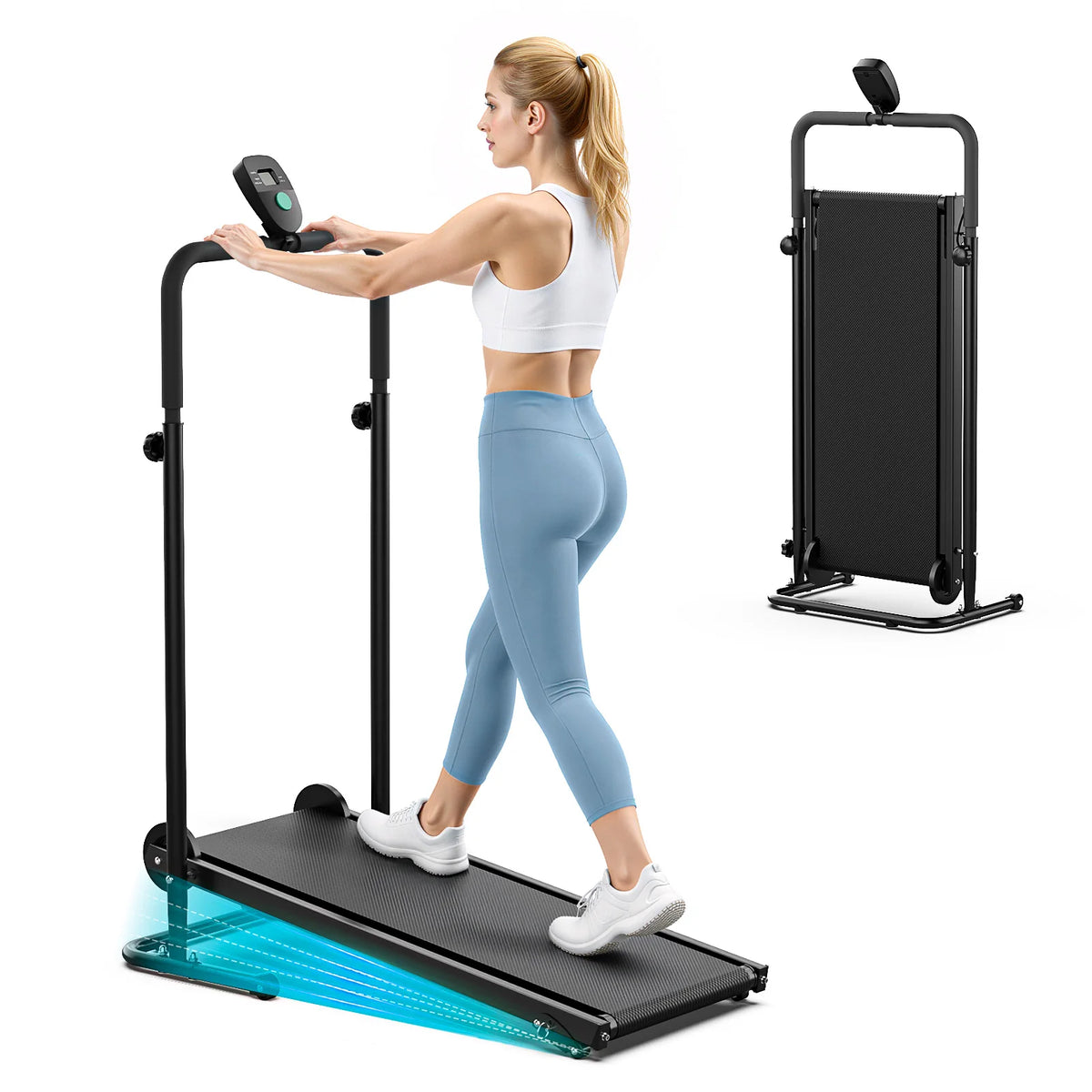Akluer non-motorized foldable treadmill by S And B Enterprise with dual flywheels, LCD monitor, slip-resistant belt