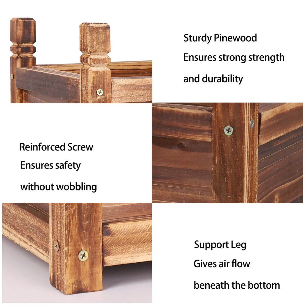 Wooden raised flower bed in pinewood for indoor outdoor use with reinforced screws and sturdy legs