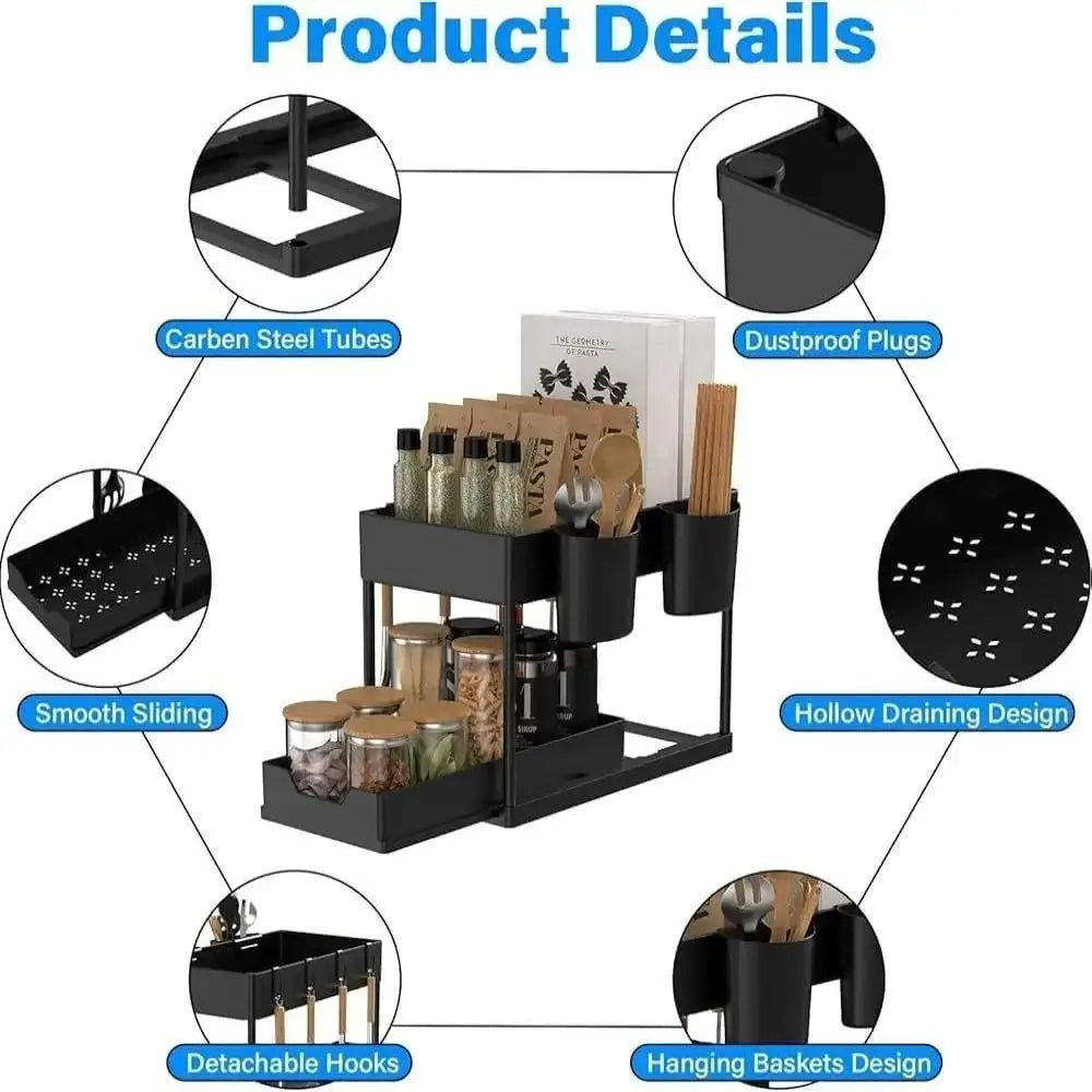2-Tier sliding under-sink organizer by S And B Enterprise, black with 5 side hooks and 3 detachable baskets