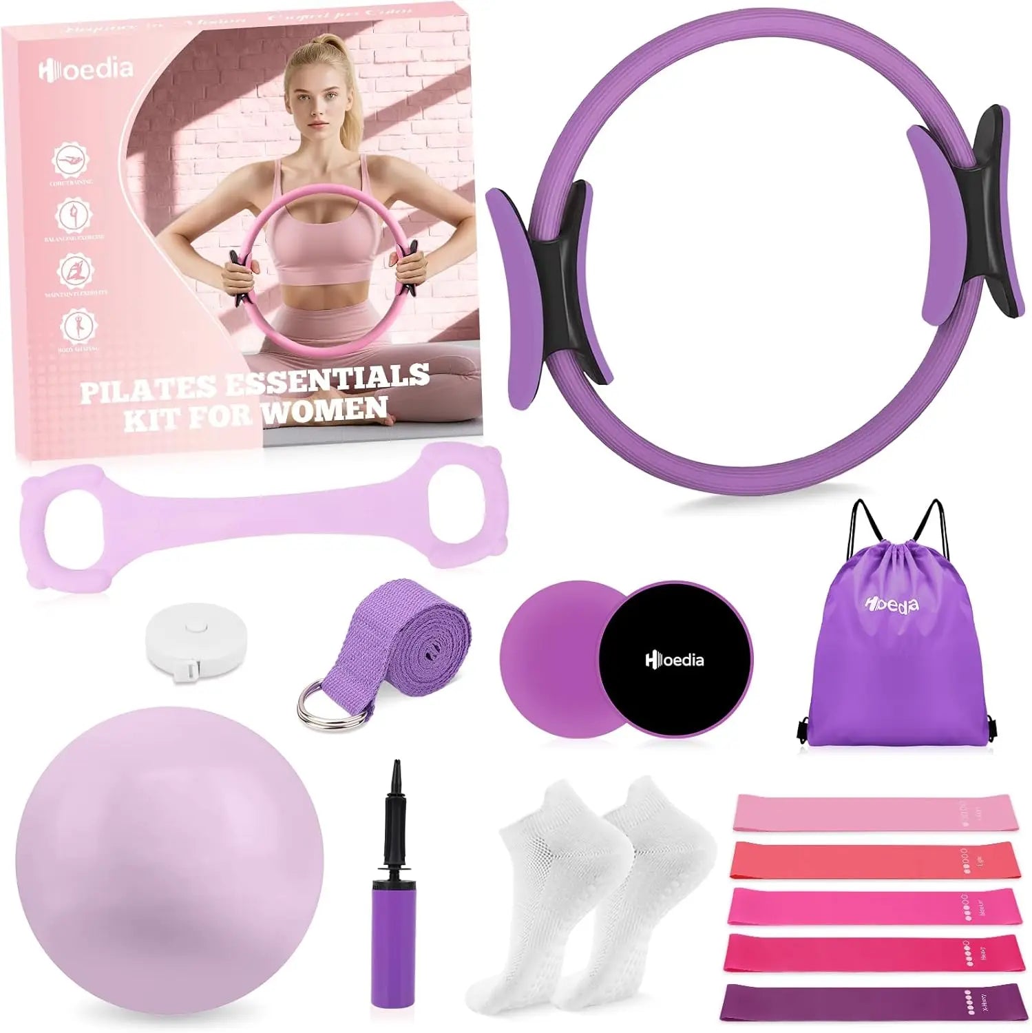 17 PCS Pilates Kit for Women with Ring, Ball, Resistance Bands, Yoga Strap, Core Sliders, Socks, Bag & Guide for Home Workout by S And B Enterprise