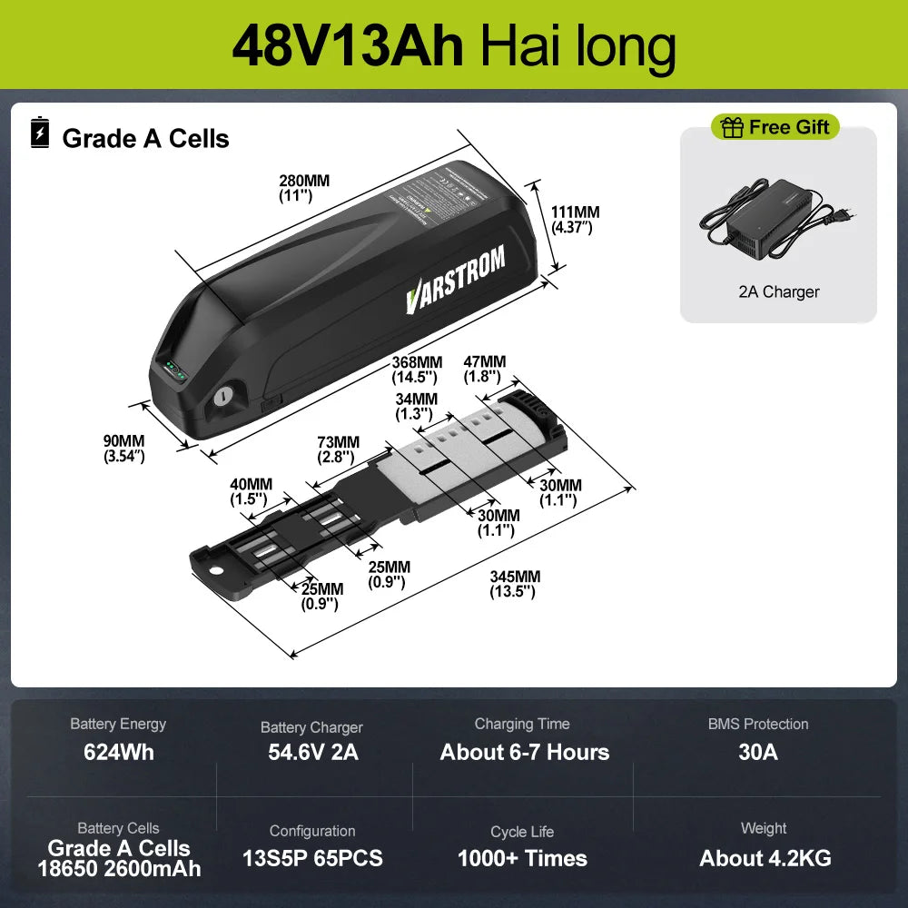 US Direct Hailong Battery Pack 48V 40A BMS Downtube 21700