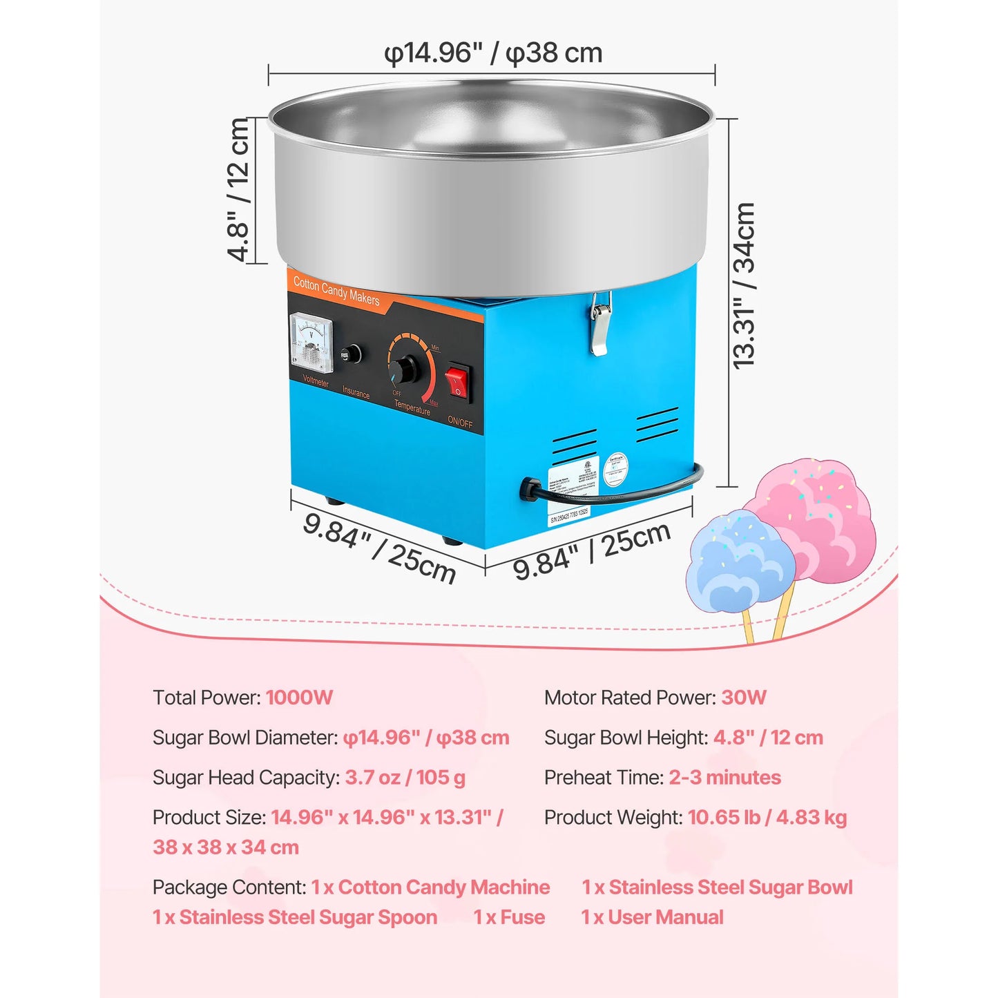 SucceBuy Commercial Cotton Candy Machine 1000W Electric Candy Floss Maker