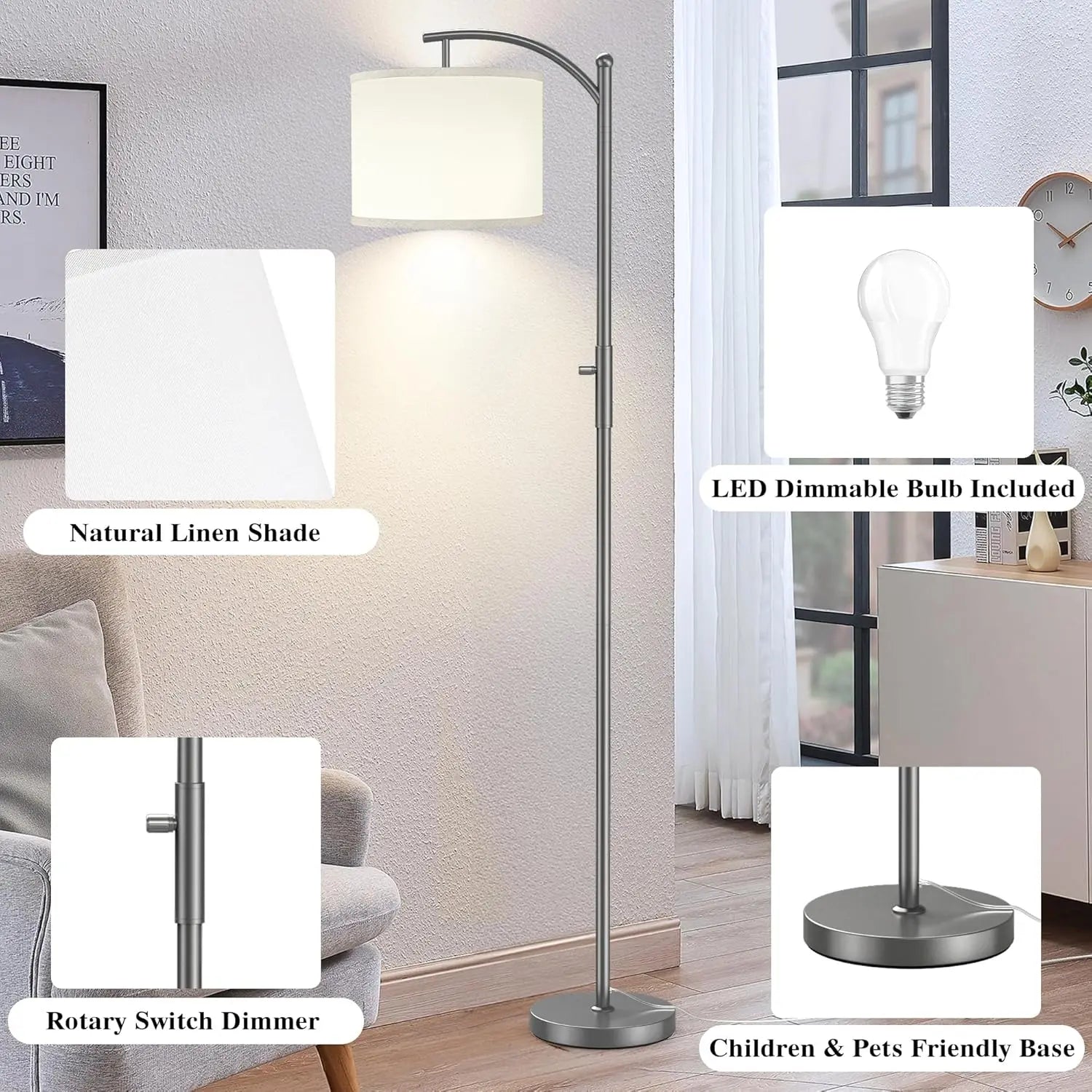 Dimmable Arc Floor Lamp With Linen Shade Stepless Dimming by S And B Enterprise