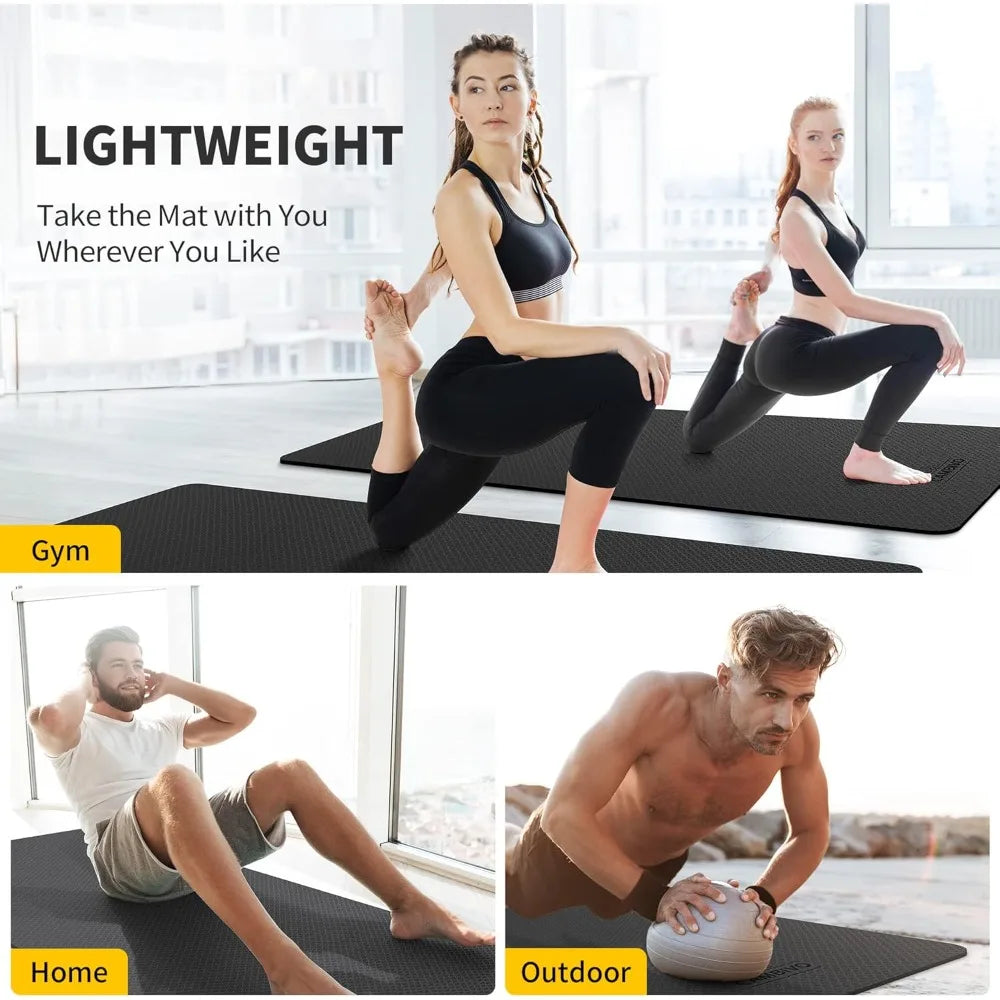 Yoga mats, three extra-wide black TPE non-slip mats for home, gym, and outdoor use.
