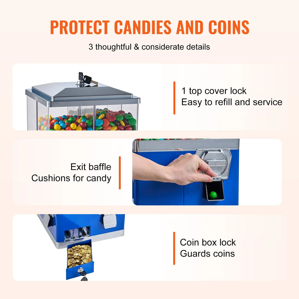 Commercial vending machine by S And B Enterprise, four-compartment rotatable gumball and candy dispenser, blue.