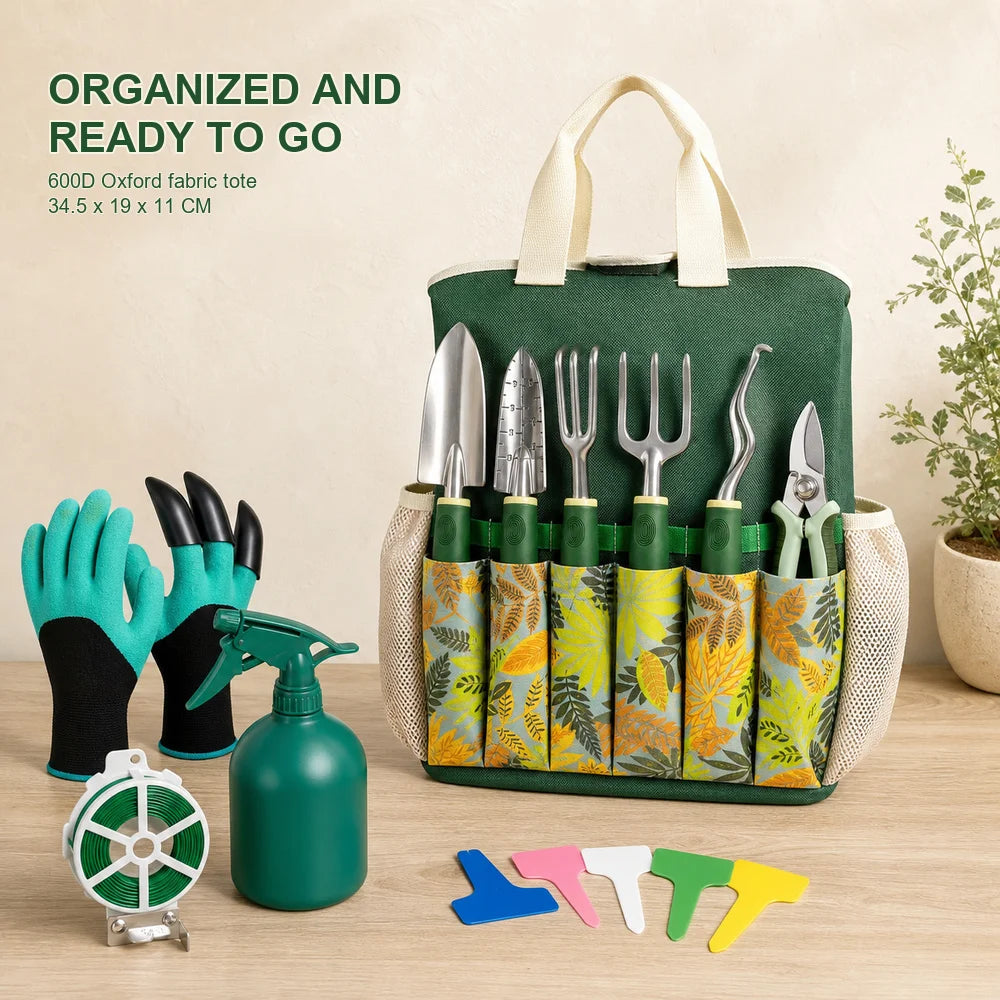 16-piece garden tool set by S And B Enterprise with tote, aluminum hand tools, gloves, spray bottle, plant labels.