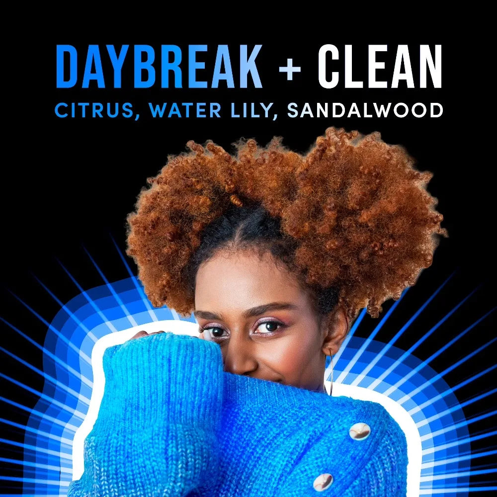 In-Wash laundry scent booster beads Daybreak + Clean by S And B Enterprise; blue-themed promo image with a woman in a blue sweater.