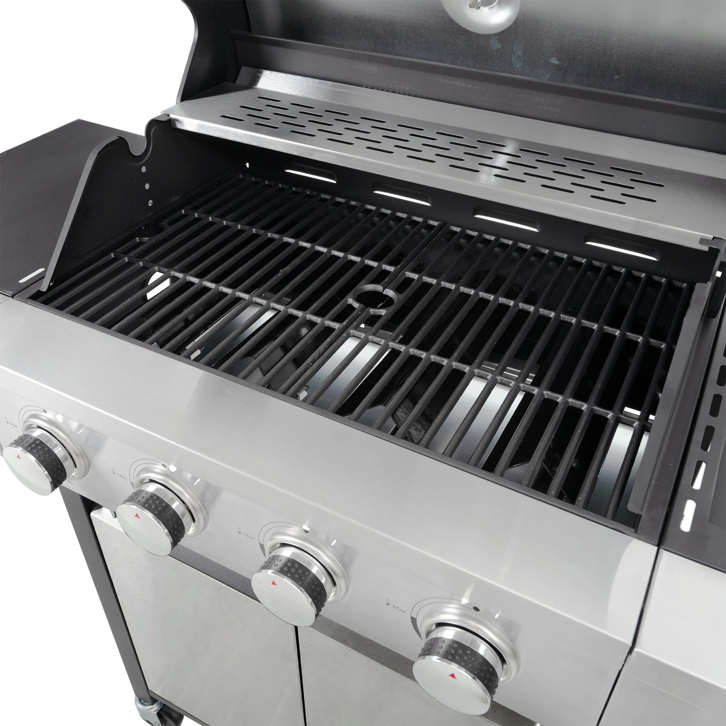 4-burner stainless steel gas grill with front control knobs and large cooking grates