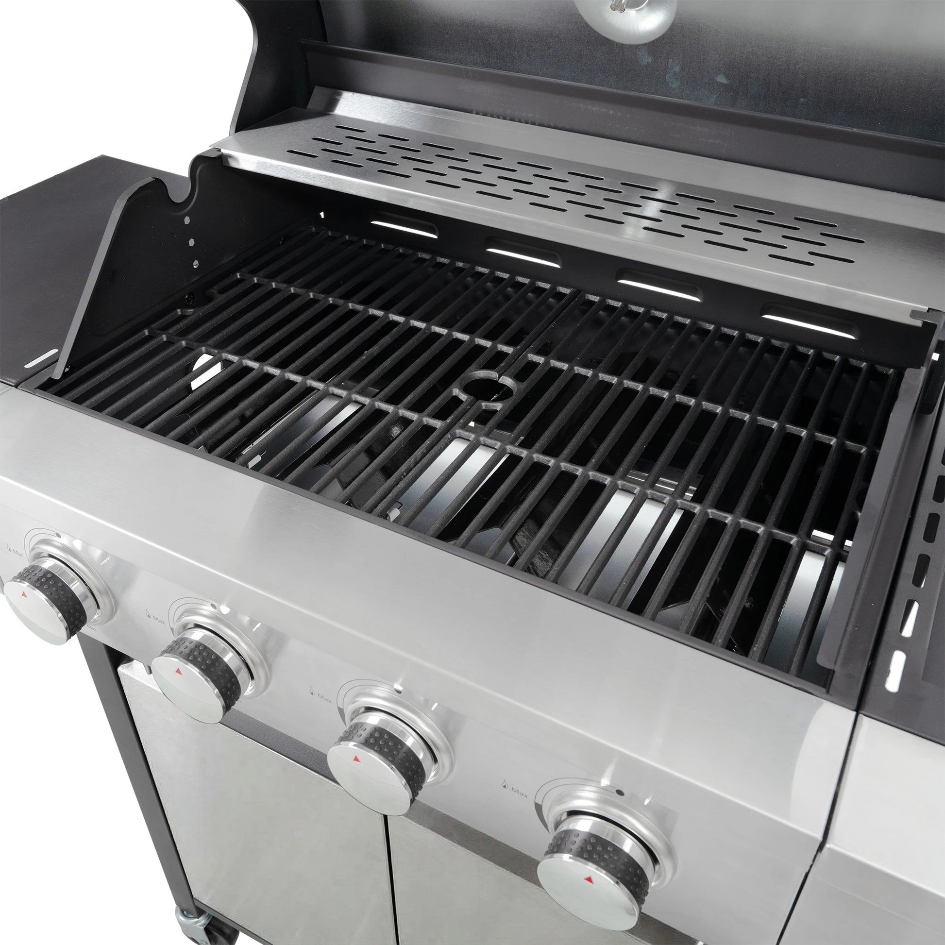 4-burner stainless steel gas grill with front control knobs and large cooking grates