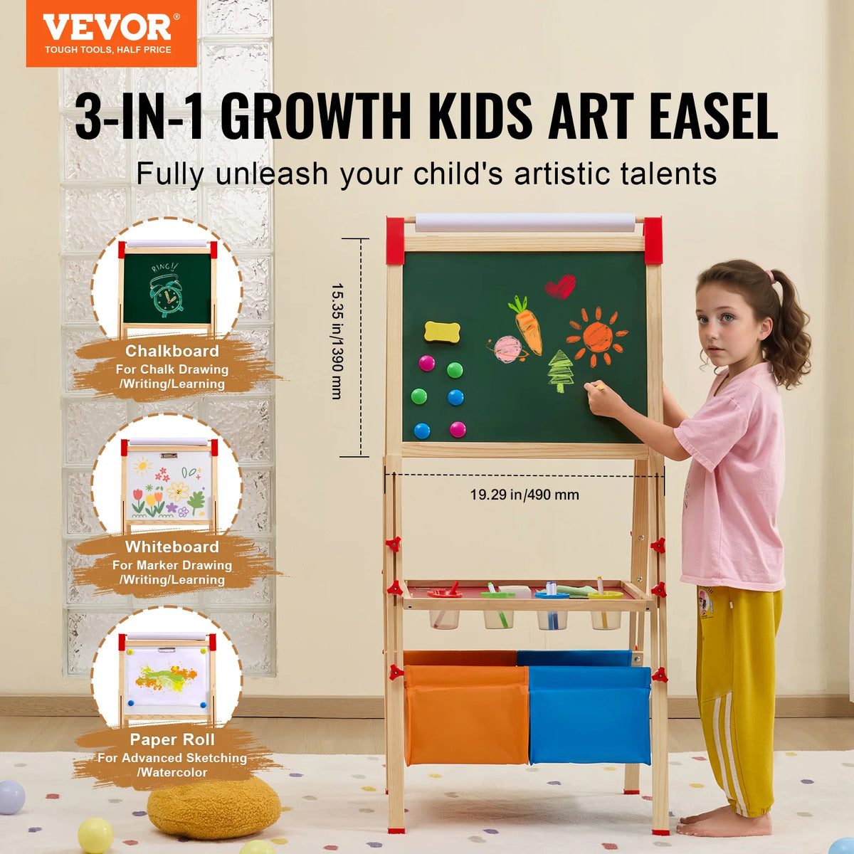 SucceBuy 3-in-1 kids art easel with chalkboard, magnetic board and storage bins