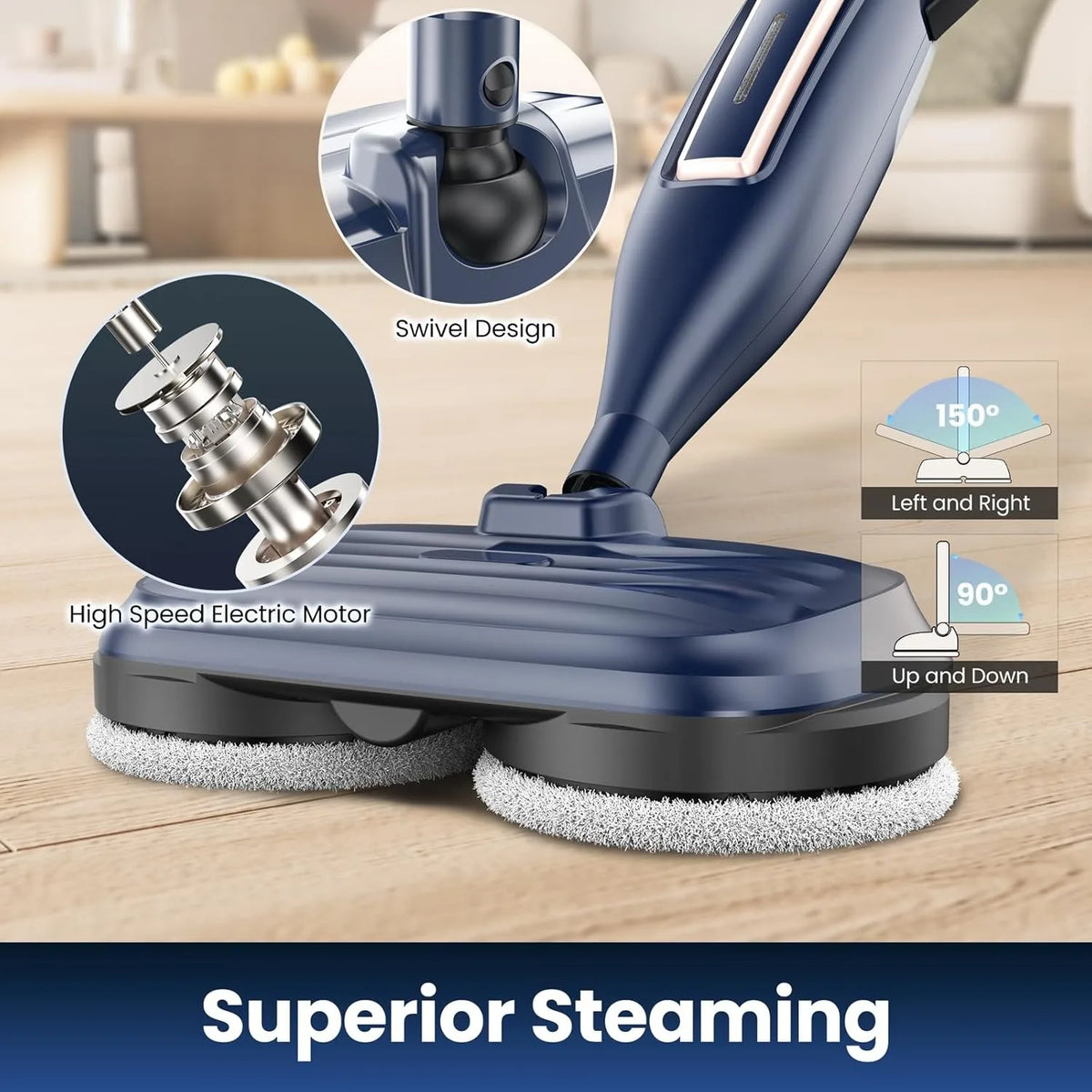 VM6 Steam Mop Cleaner by S And B Enterprise, 1300W blue with rotating mop pads and swivel head.