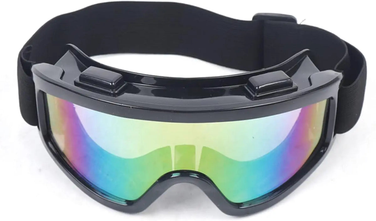 Motocross goggles with rainbow mirrored lens and black adjustable strap