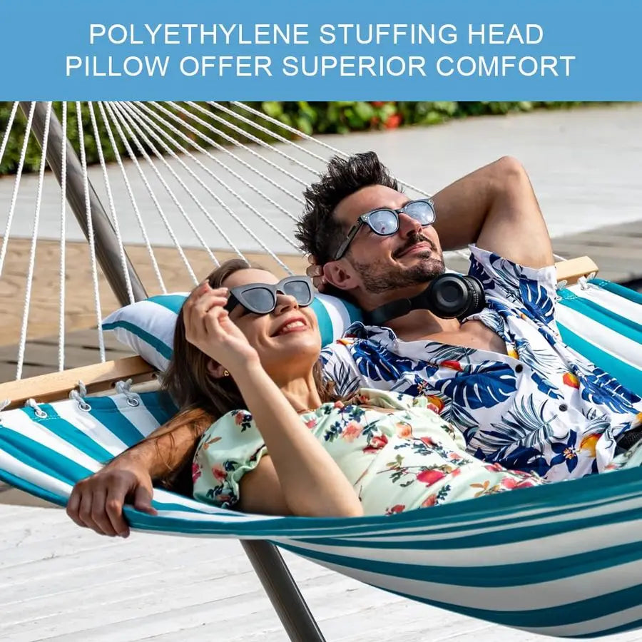 Quilted Double Hammock With Detachable Pillow For Outdoor Patio