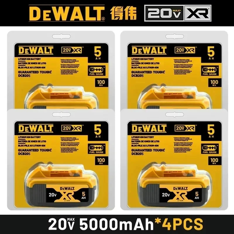 DeWalt 20V XR 5Ah lithium-ion battery 4-pack in yellow and black packaging