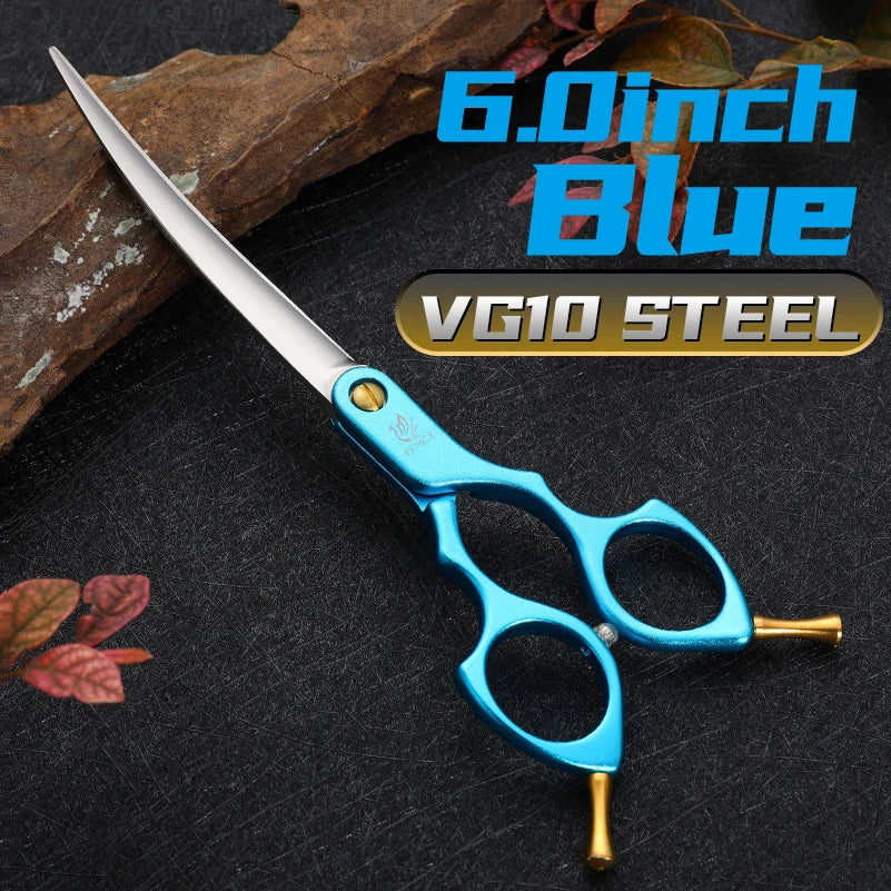 Fenice professional curved grooming scissors blue VG10 steel, 6.0 inch for dogs and cats by S And B Enterprise
