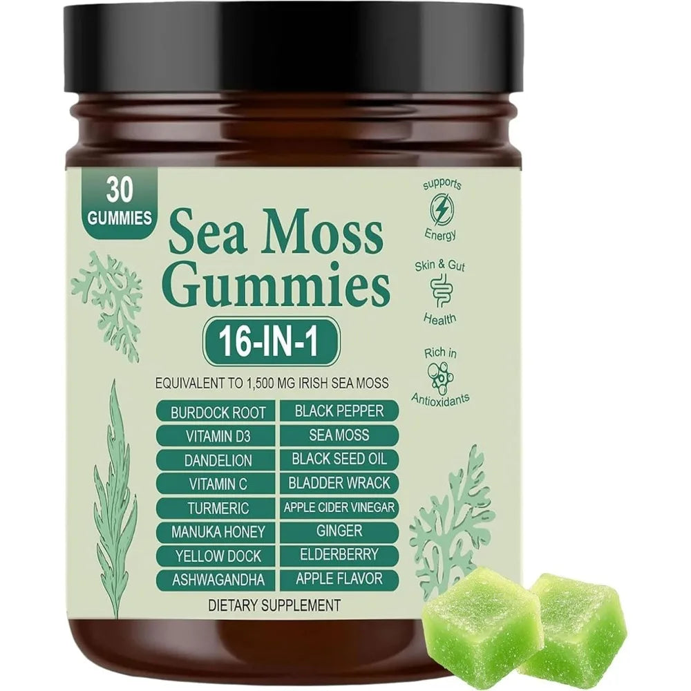 Sea Moss Gummies bottle, 30 gummies, 16-in-1 blend, apple flavor, S And B Enterprise