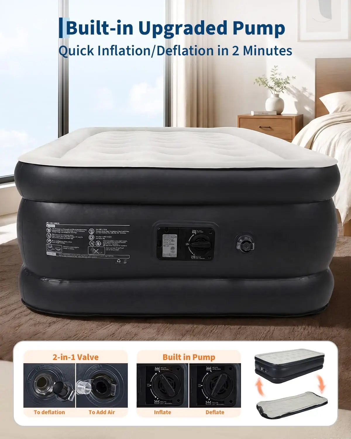 20in Raised Air Mattress Twin/Queen with Built-in Pump by S And B Enterprise, black PVC with white top surface