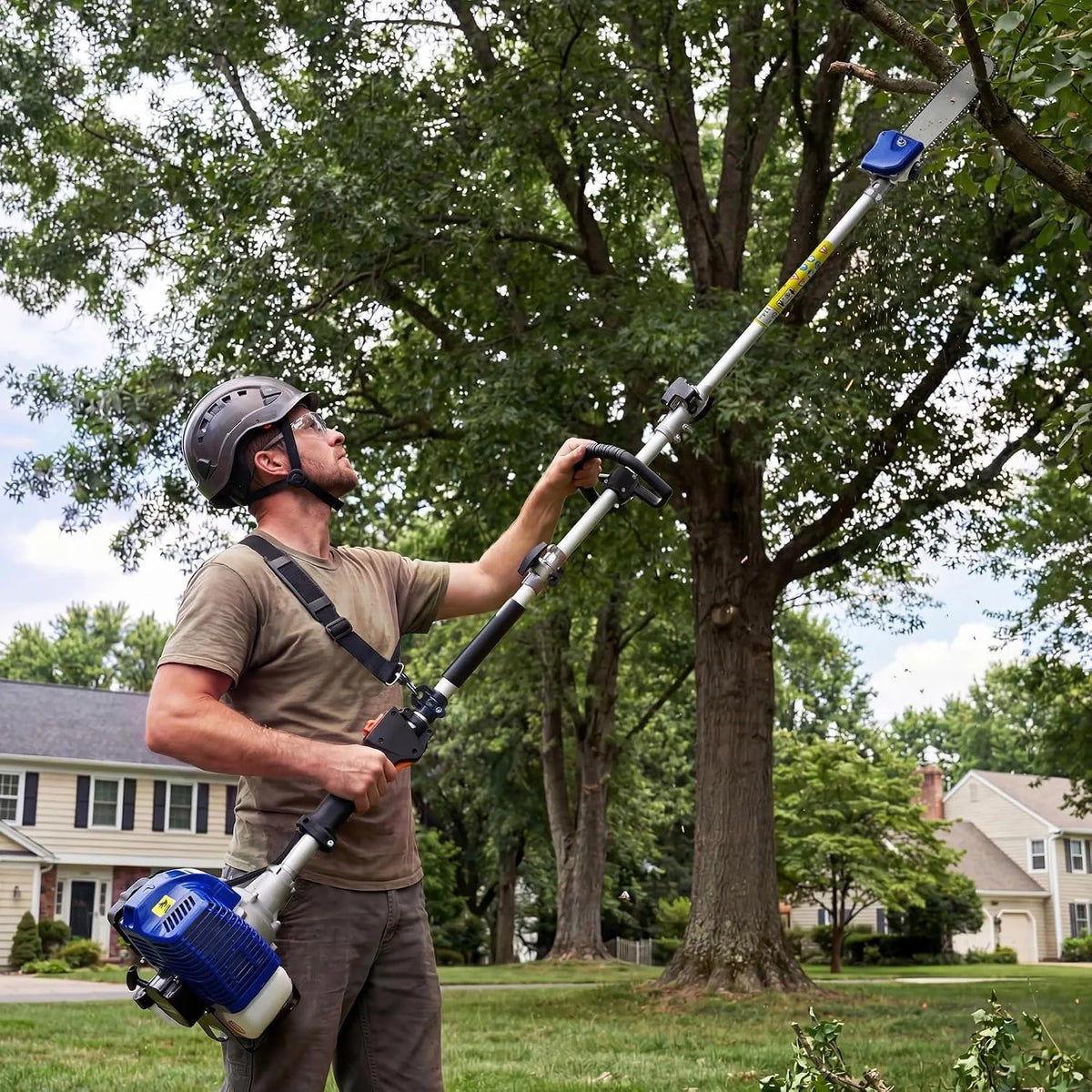 Gas-powered pole saw by S And B Enterprise with 12-inch bar and 16 ft reach, blue engine housing, used by a man in safety gear.